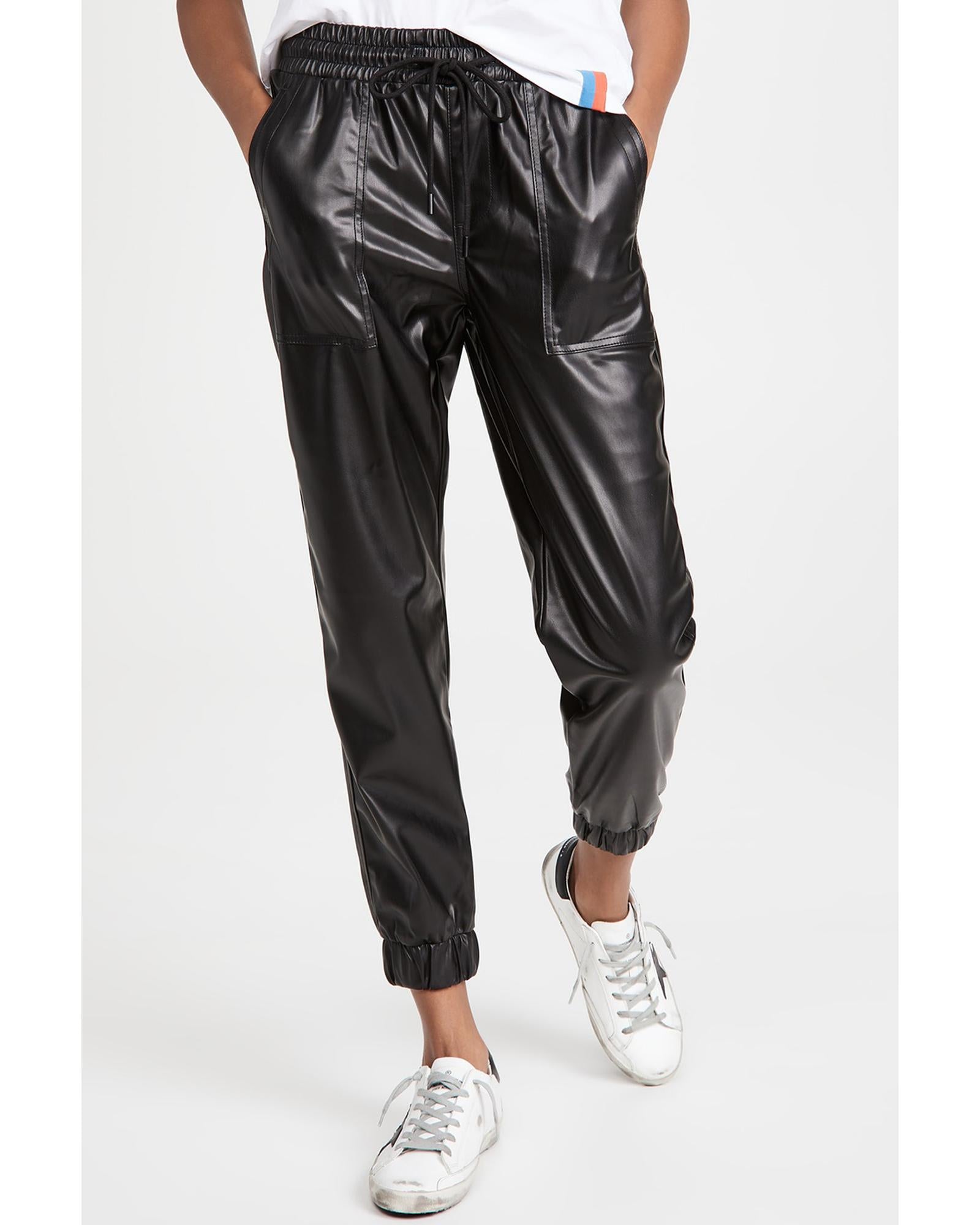 Black Faux Leather Ankle Smocked Waist Drawstring Joggers - XL 4