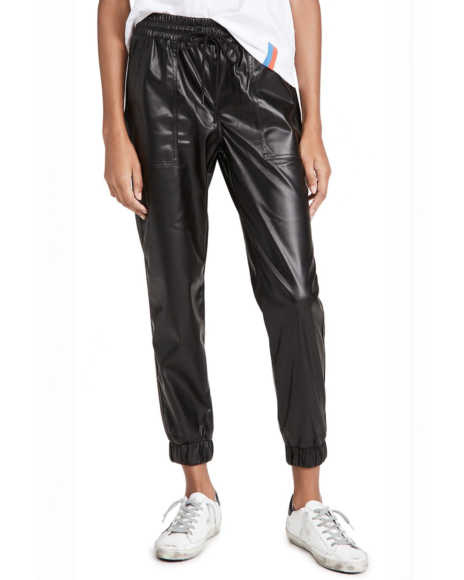 Black Faux Leather Ankle Smocked Waist Drawstring Joggers - XL 6