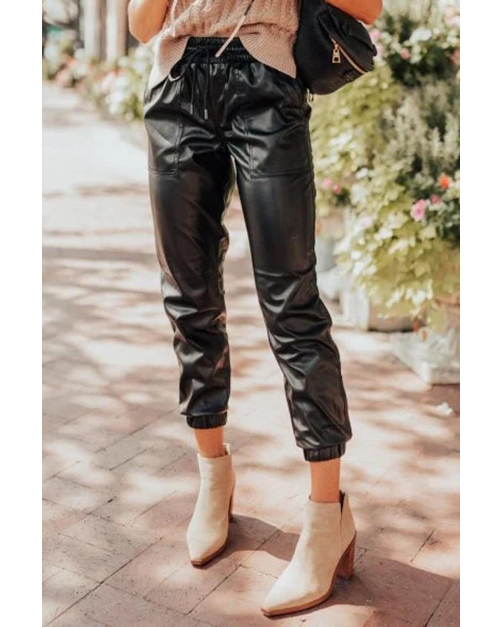 Black Faux Leather Ankle Smocked Waist Drawstring Joggers - XL 7