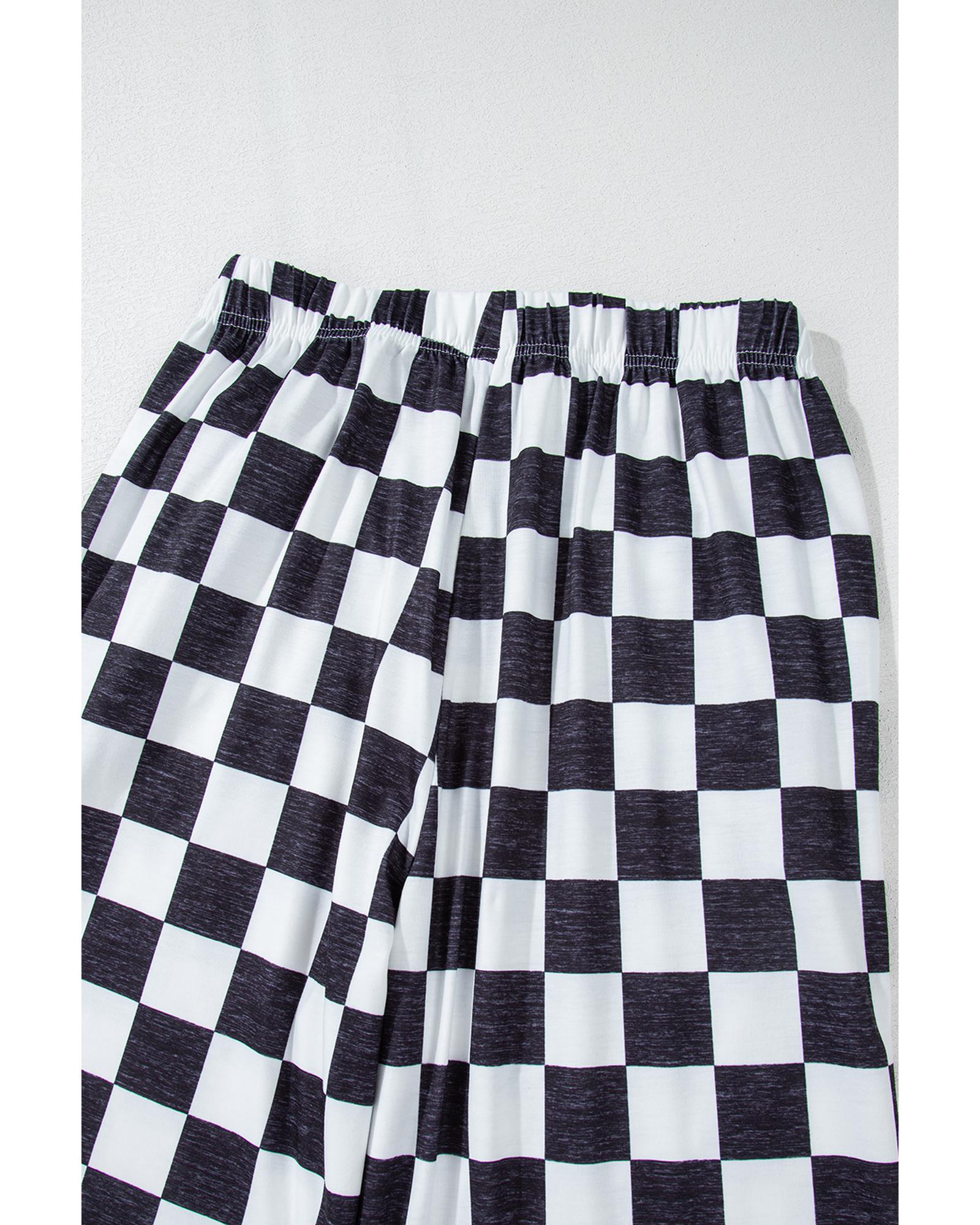 Black 2-Tone Checked Print High Waist Wide Leg Pants - XL