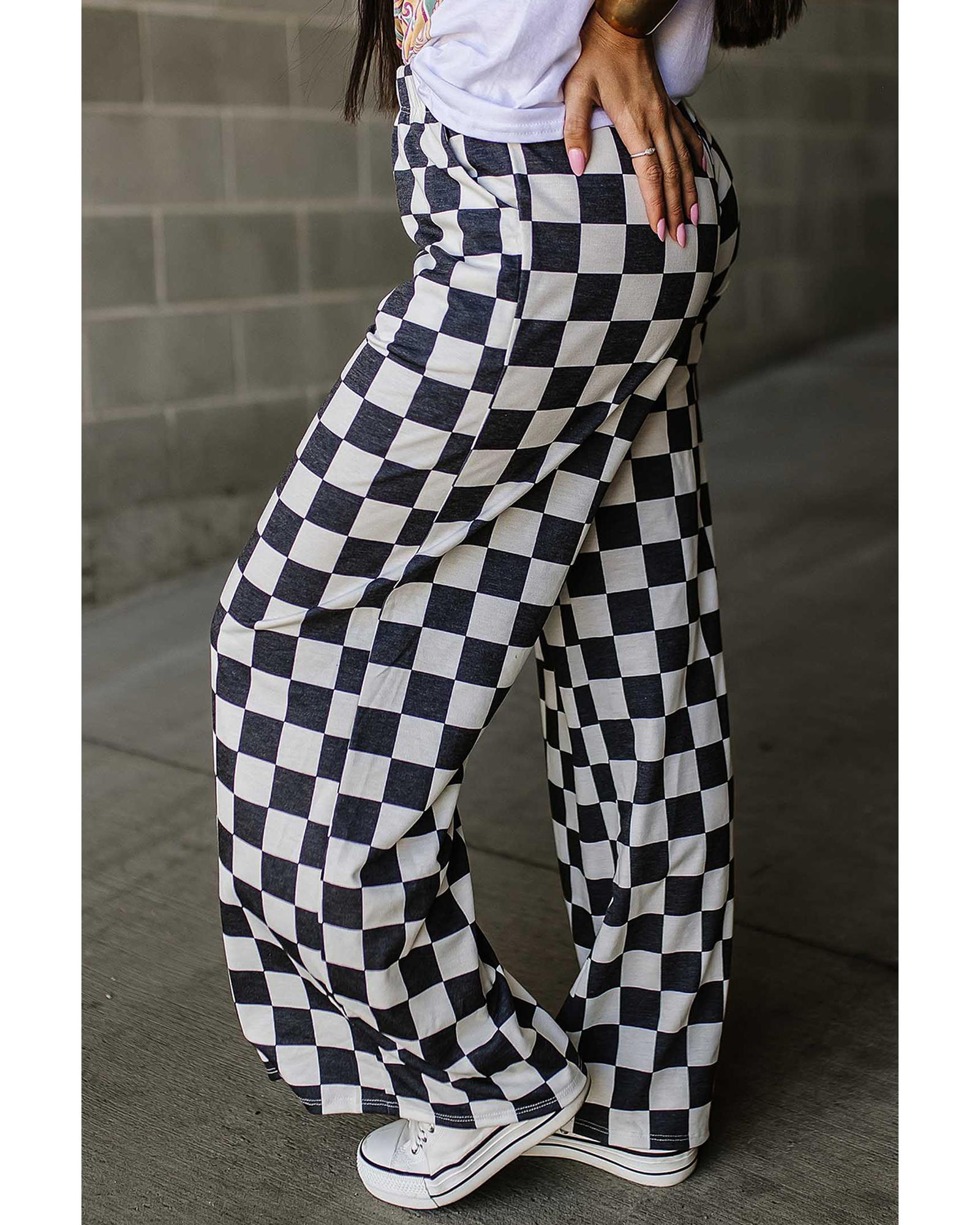 Black 2-Tone Checked Print High Waist Wide Leg Pants - XL