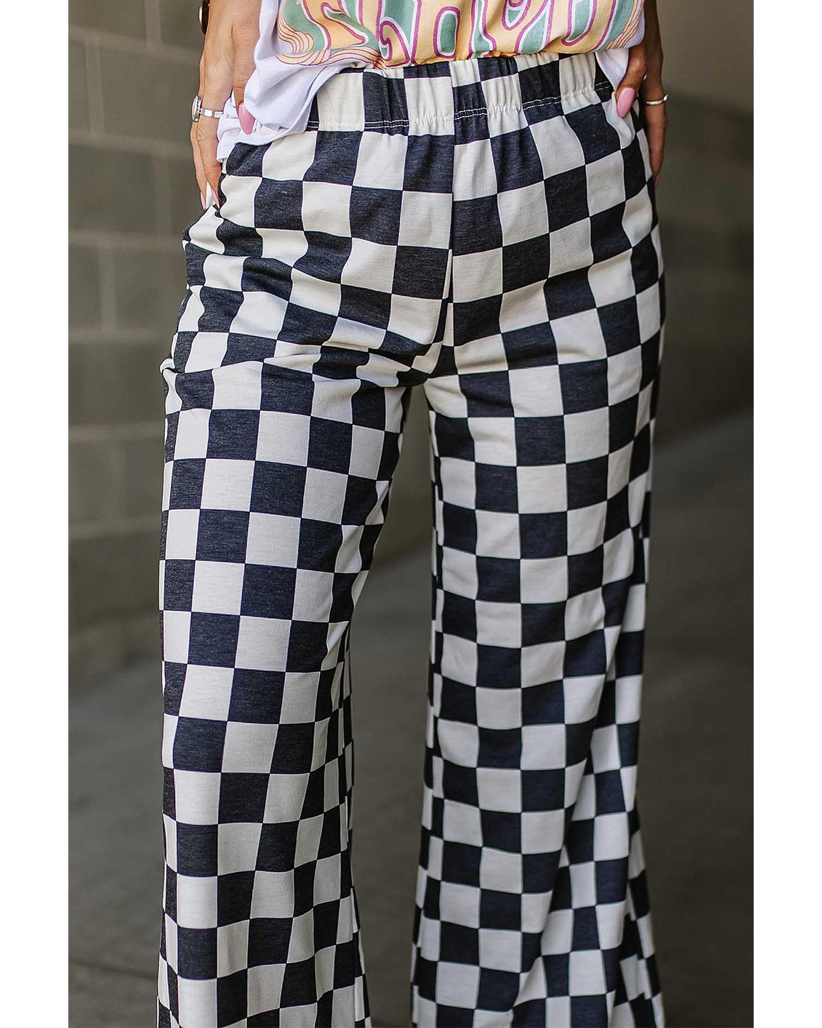 Black 2-Tone Checked Print High Waist Wide Leg Pants - XL 3