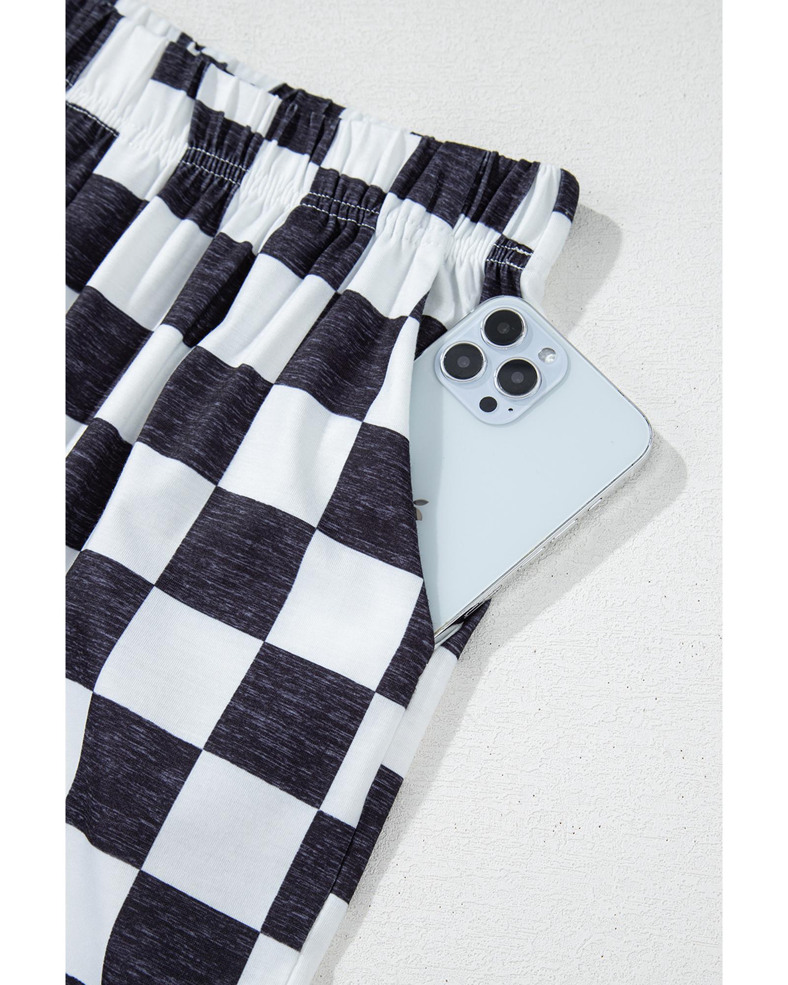 Black 2-Tone Checked Print High Waist Wide Leg Pants - XL 5