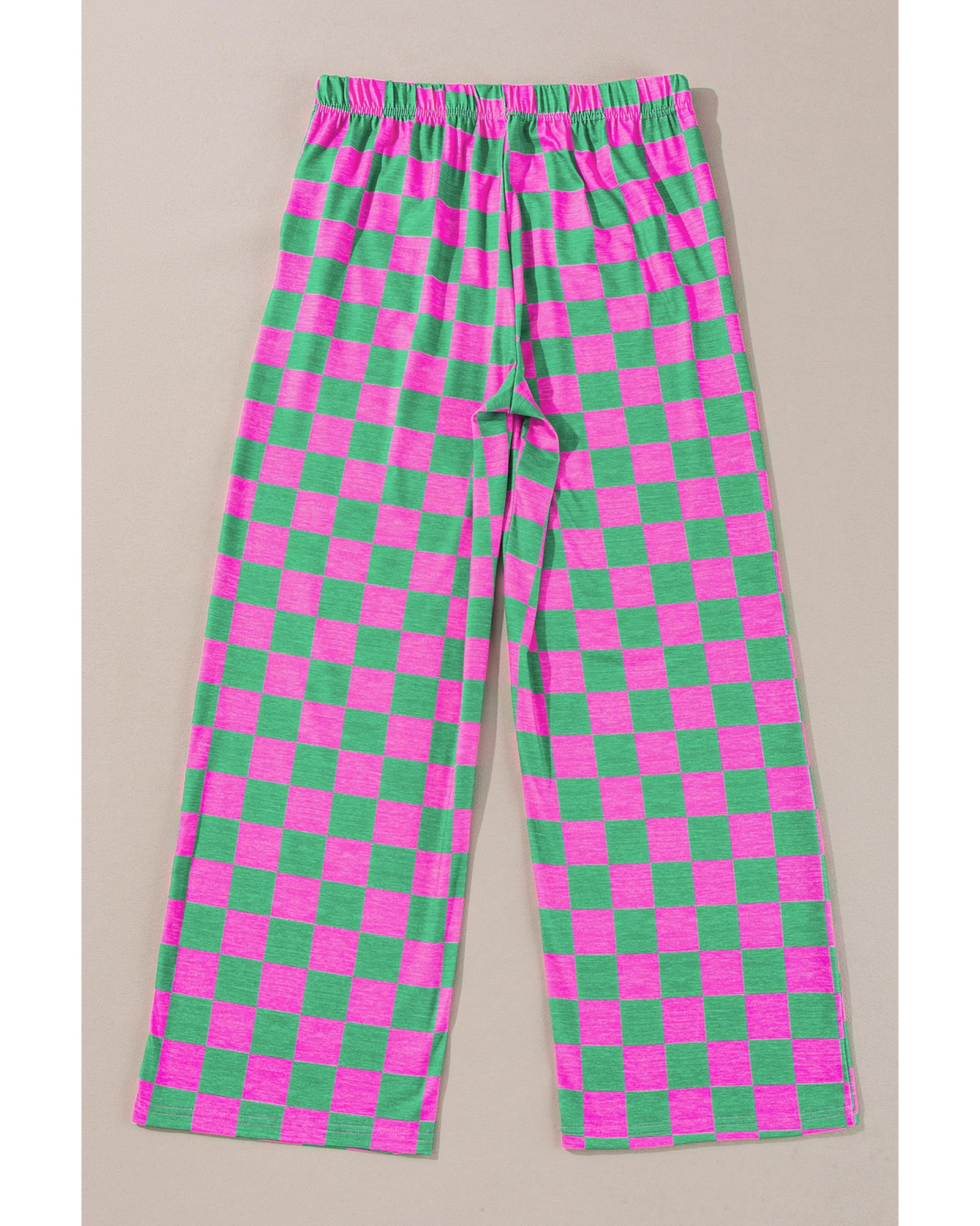 Green 2-Tone Checked Print High Waist Wide Leg Pants - S 6