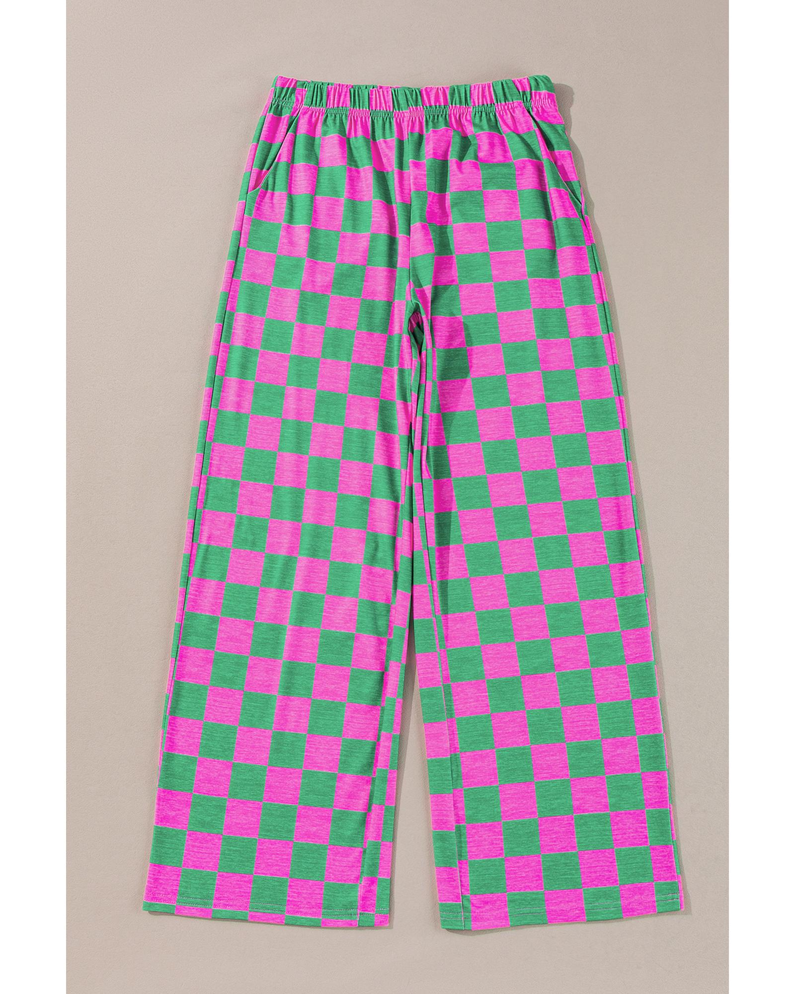 Green 2-Tone Checked Print High Waist Wide Leg Pants - S 7