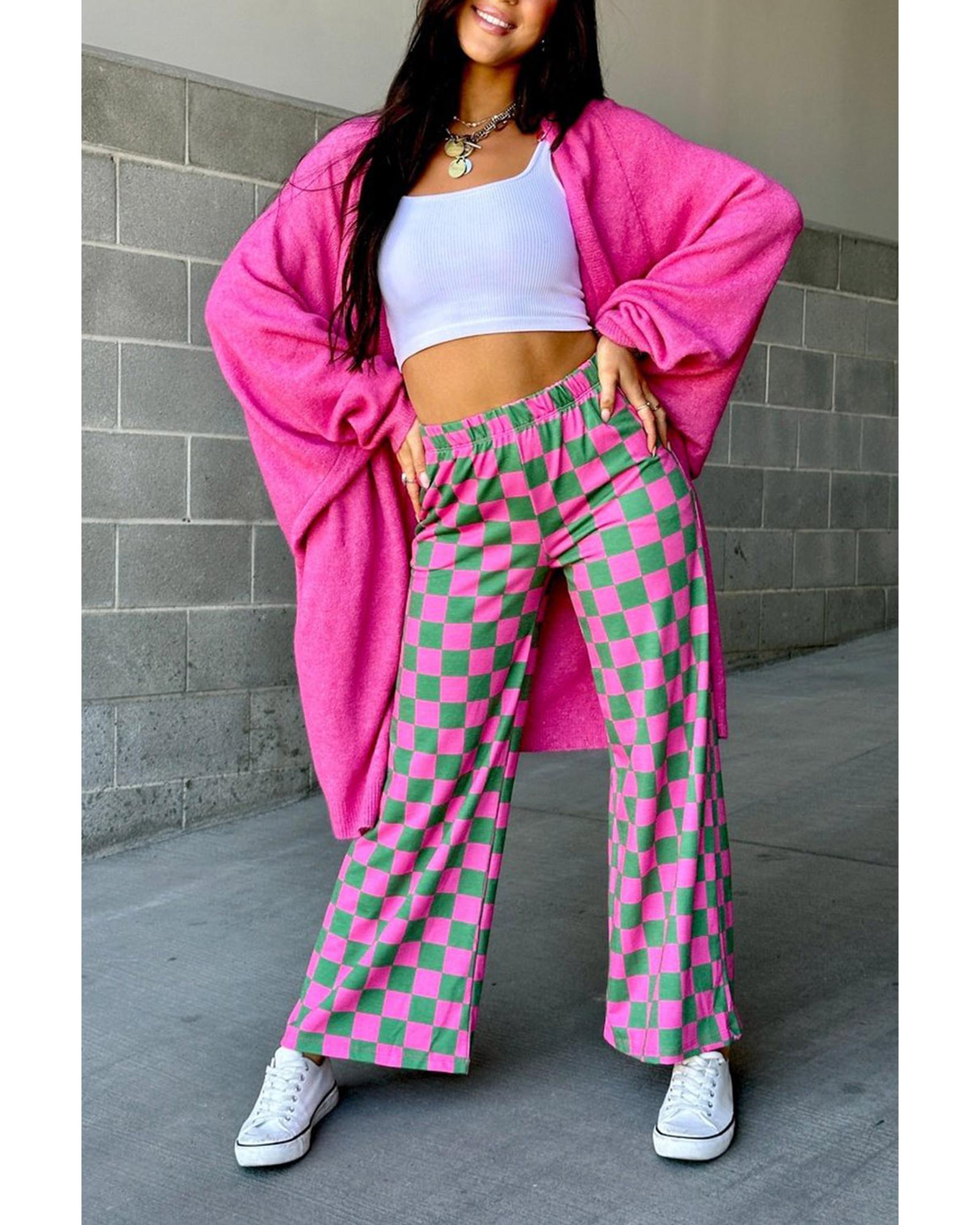 Green 2-Tone Checked Print High Waist Wide Leg Pants - XL 3