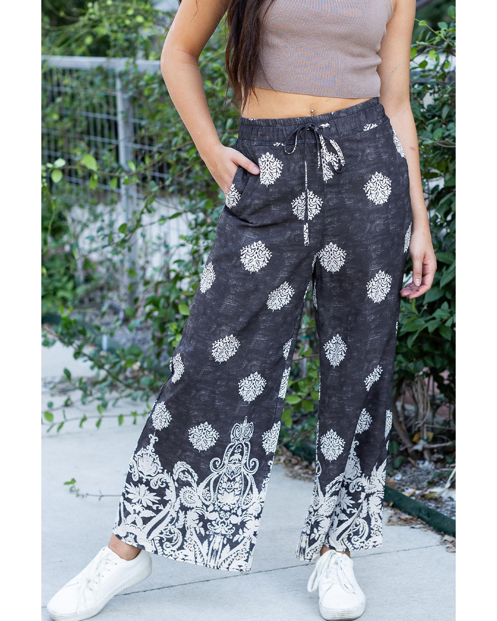 Black Bohemian Printed Drawstring Waist Wide Leg Pants - M