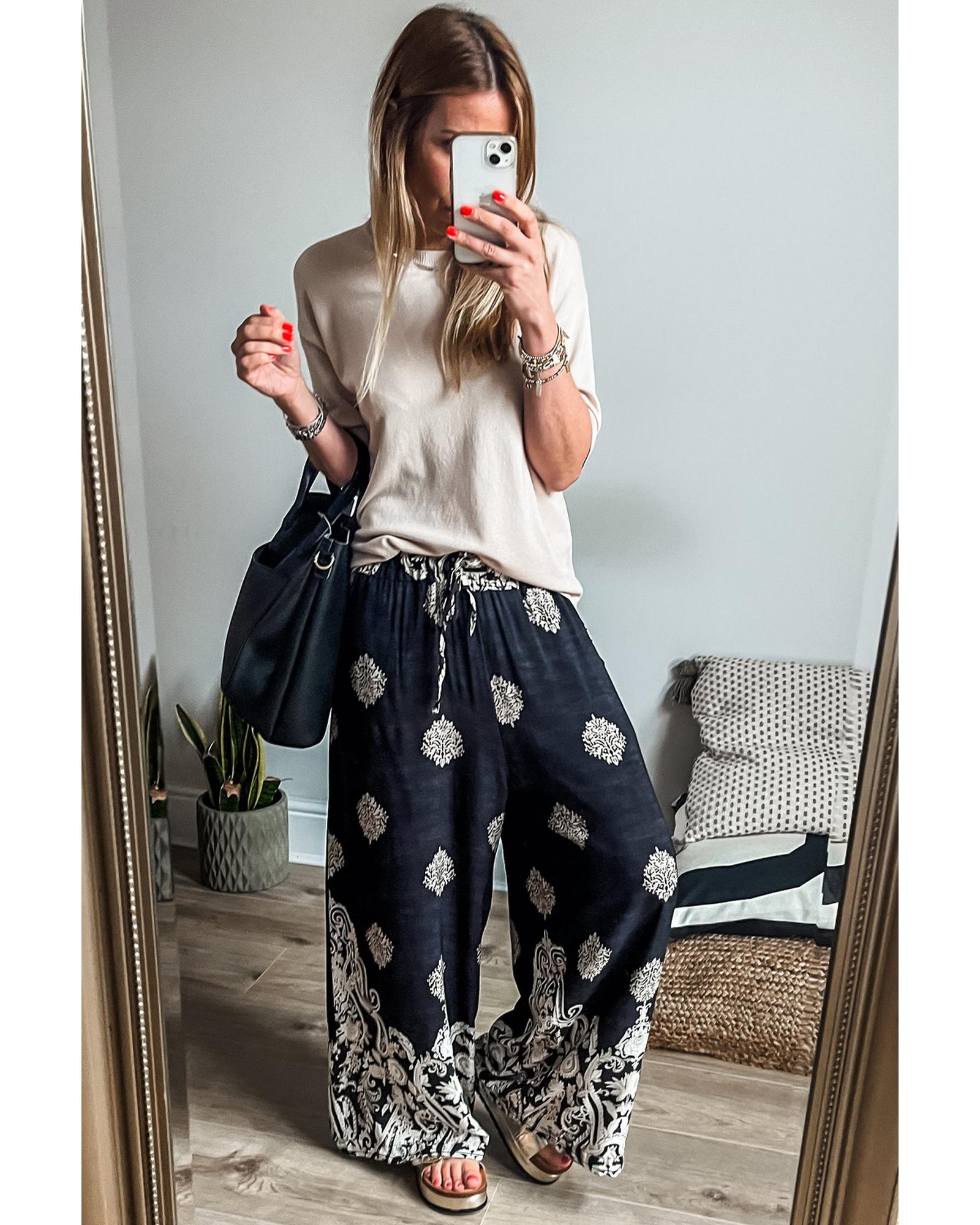 Black Bohemian Printed Drawstring Waist Wide Leg Pants - M 3