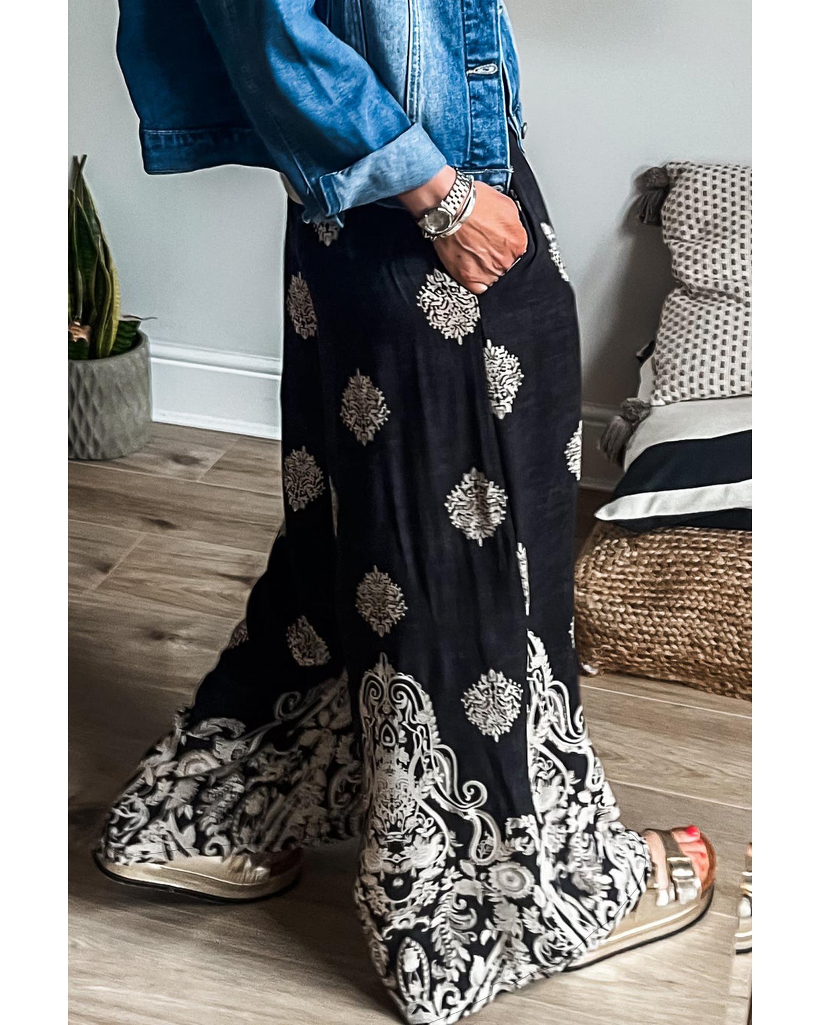 Black Bohemian Printed Drawstring Waist Wide Leg Pants - M 6