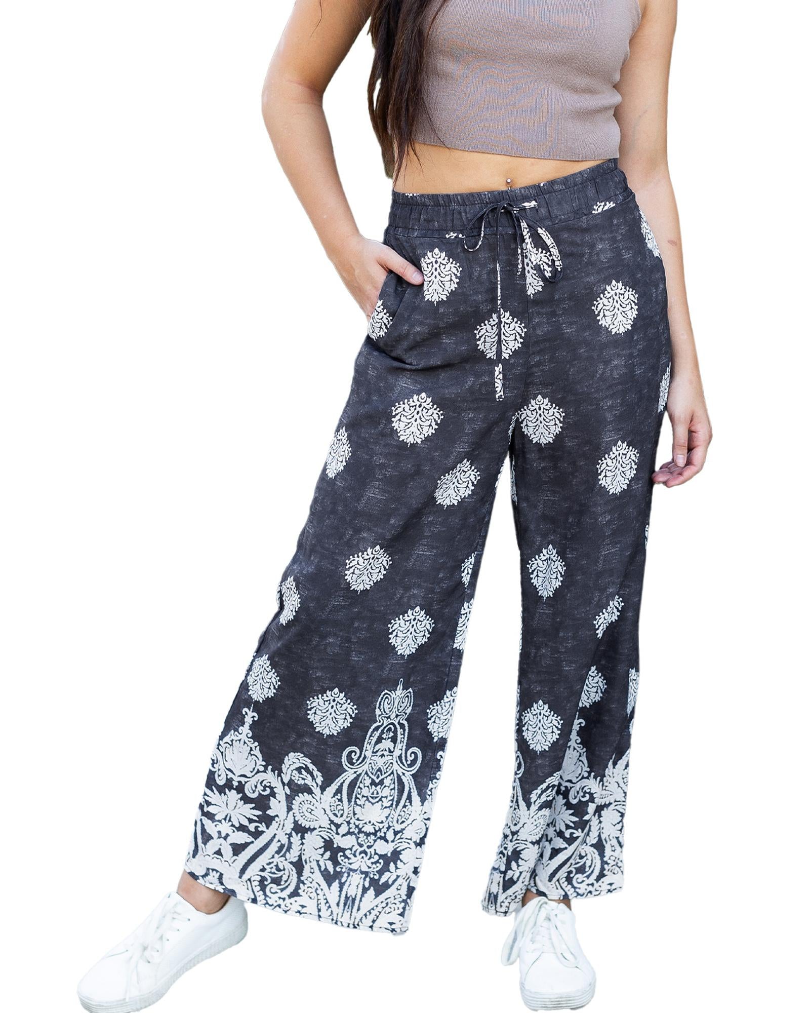 Black Bohemian Printed Drawstring Waist Wide Leg Pants - S 7