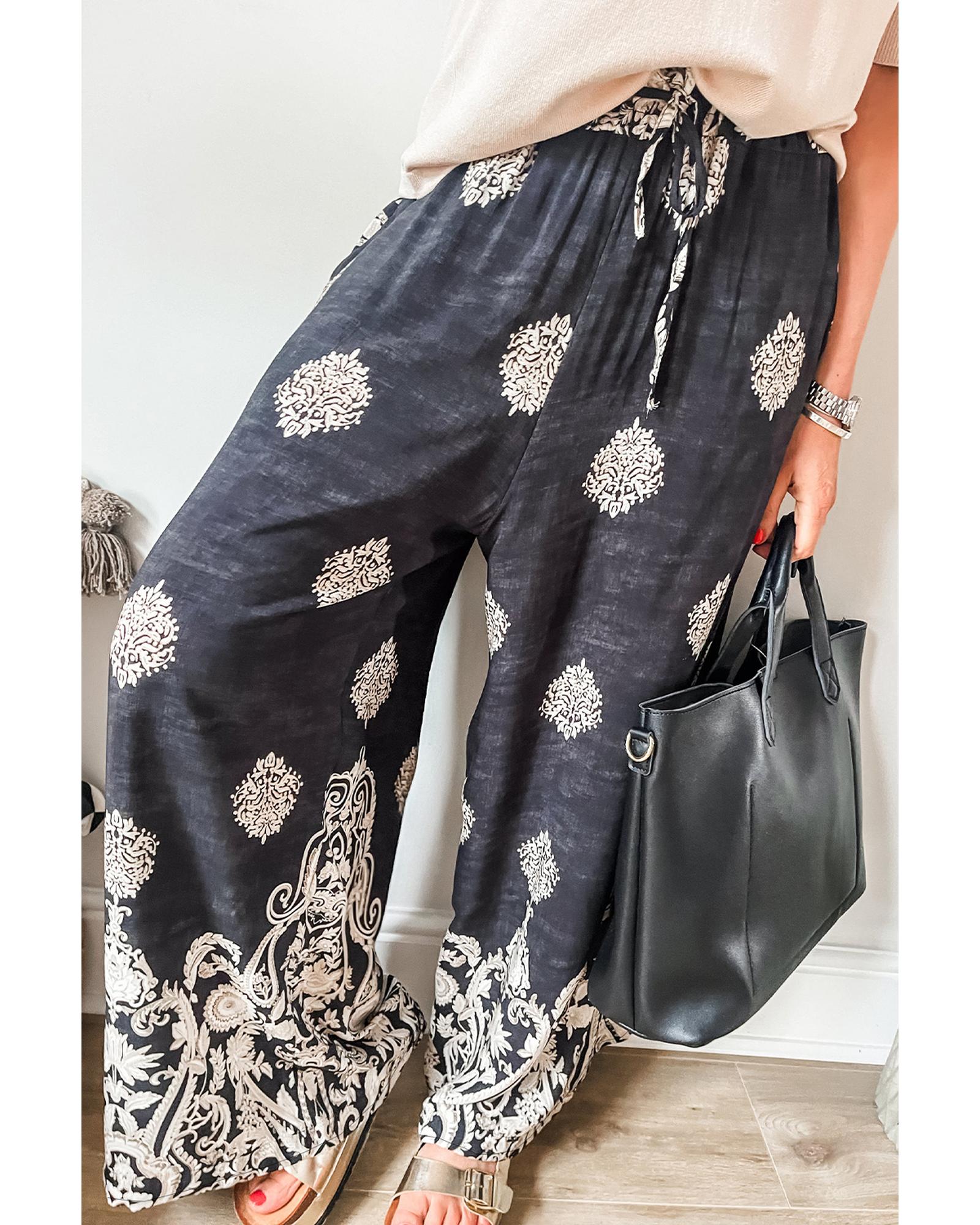 Black Bohemian Printed Drawstring Waist Wide Leg Pants - XL 4