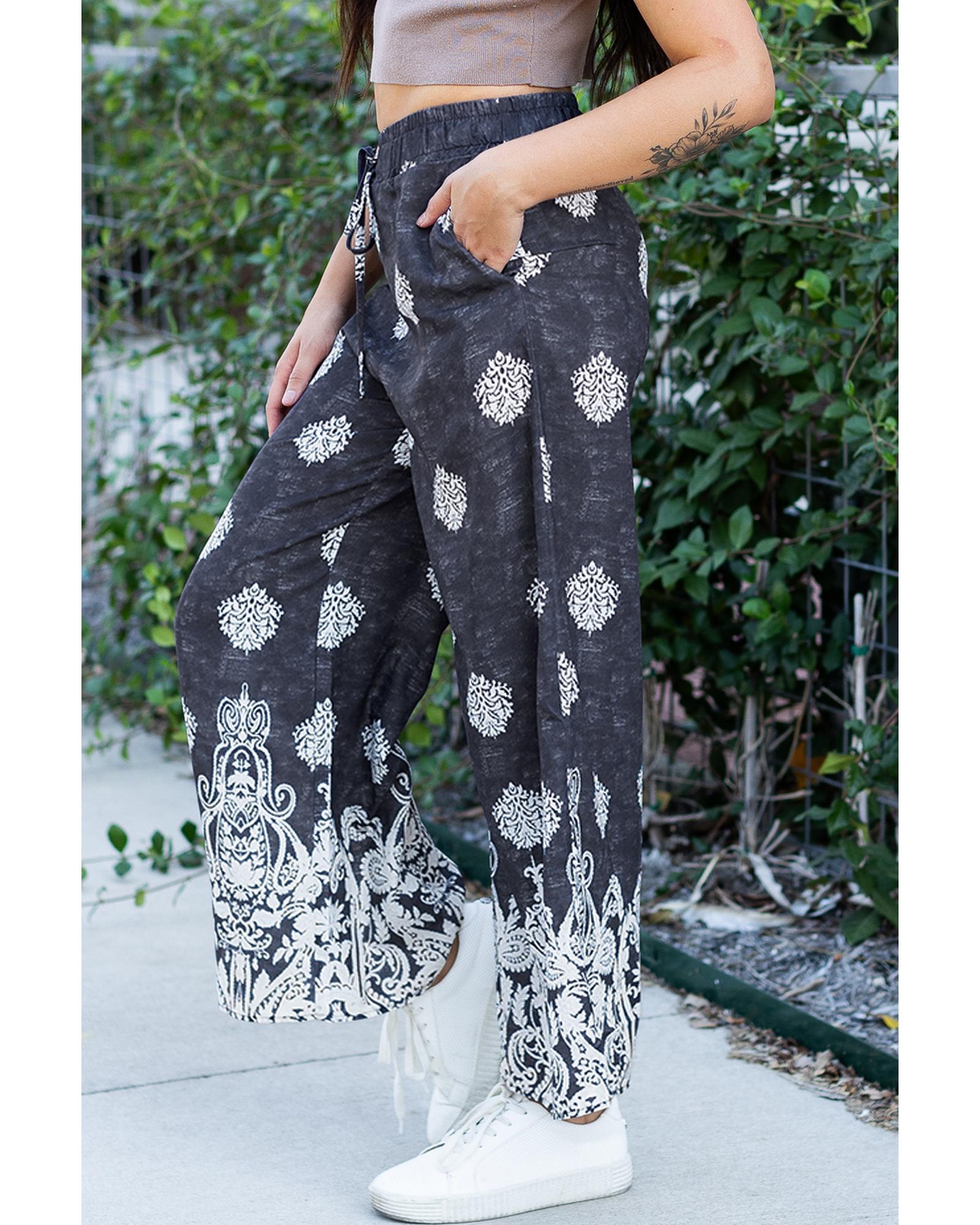 Black Bohemian Printed Drawstring Waist Wide Leg Pants - XL 7
