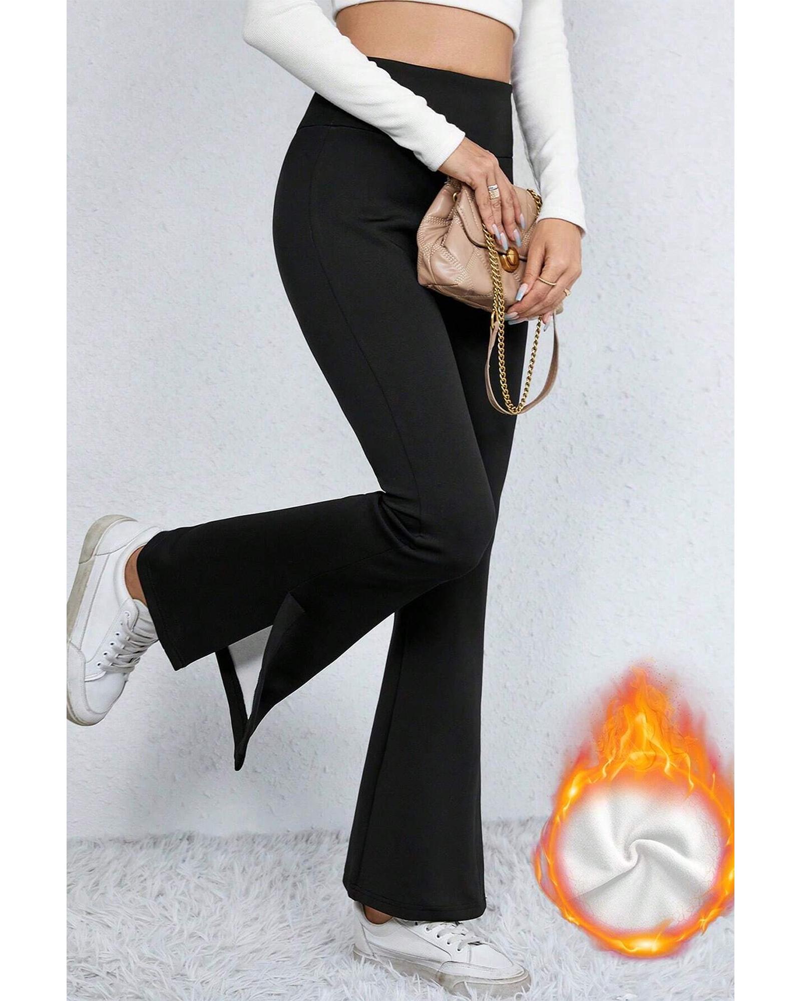 Black Thermal Lined Split Flare Leg Pants - L