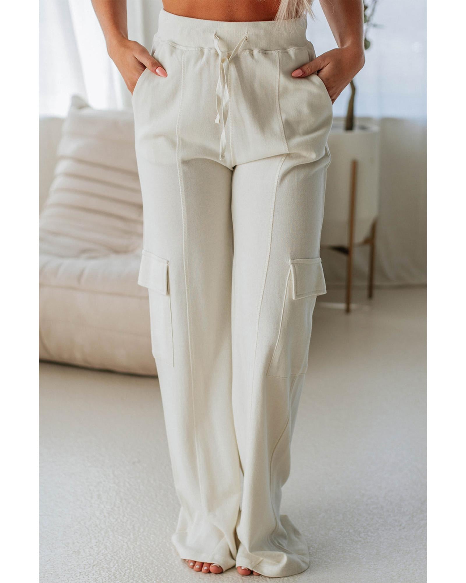 Beige Plain Cargo Pockets High Waist Casual Sweatpants - M 6