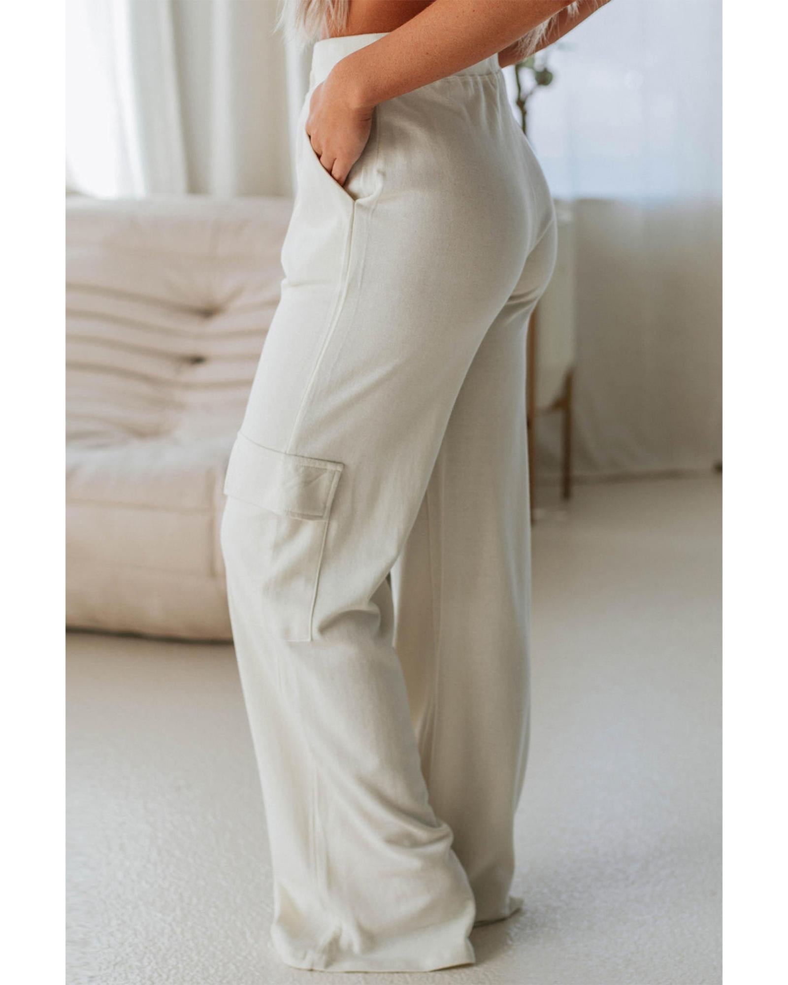 Beige Plain Cargo Pockets High Waist Casual Sweatpants - M 7
