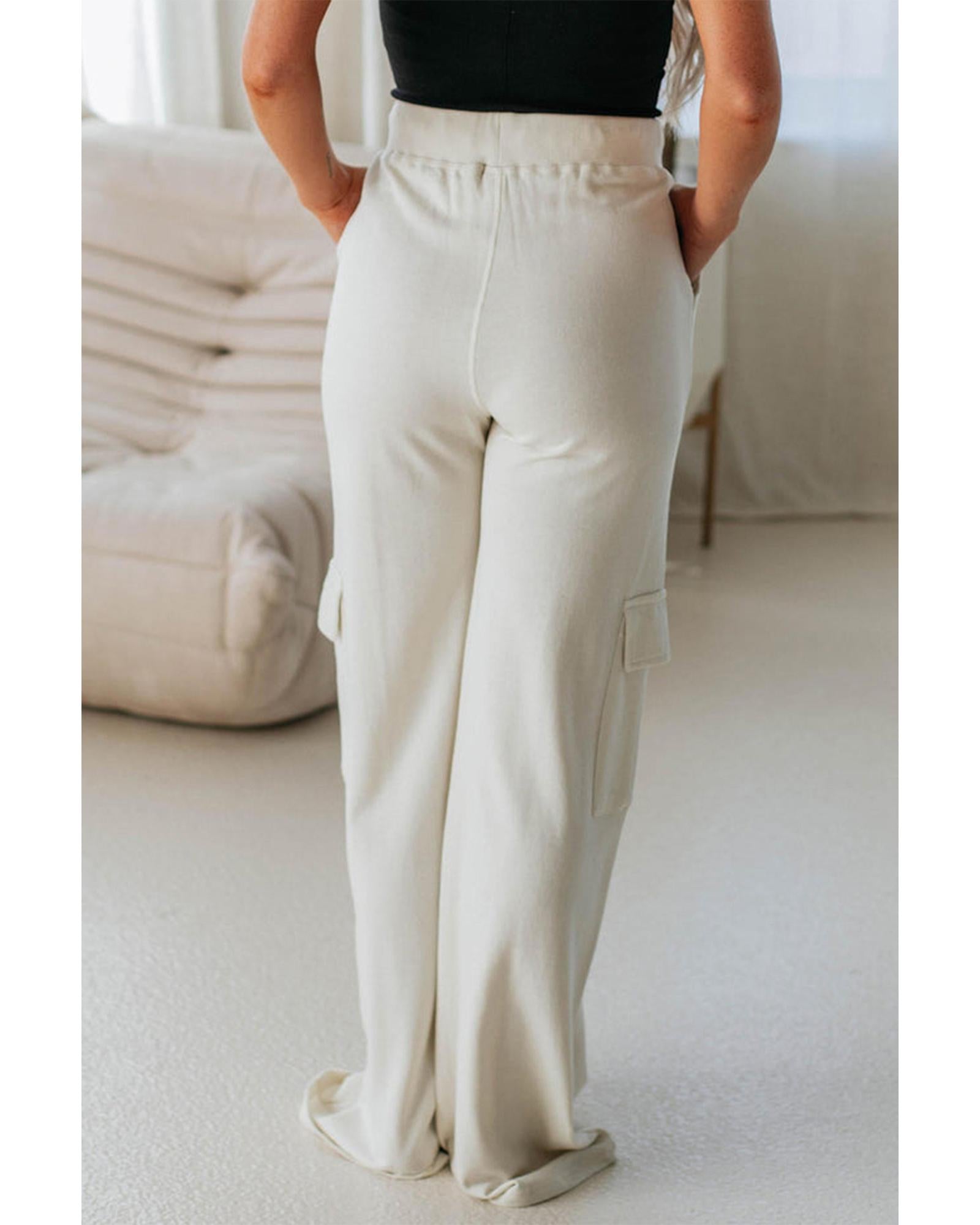 Beige Plain Cargo Pockets High Waist Casual Sweatpants - S