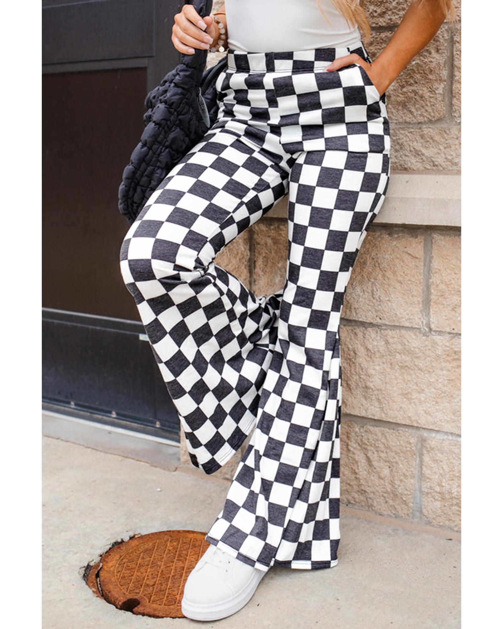 Black Checkerboard High Rise Casual Flared Pants - L 5