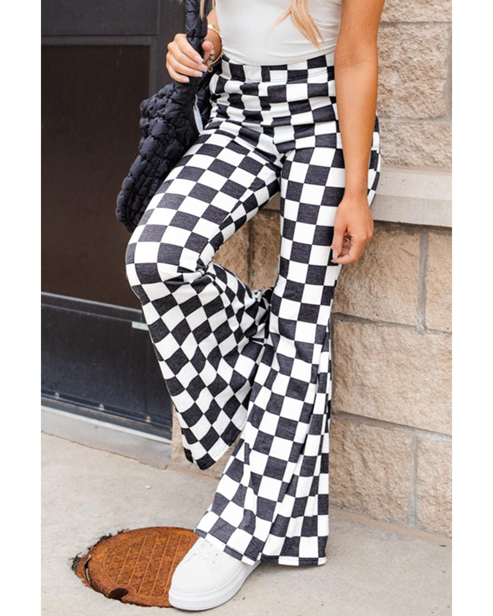 Black Checkerboard High Rise Casual Flared Pants - S
