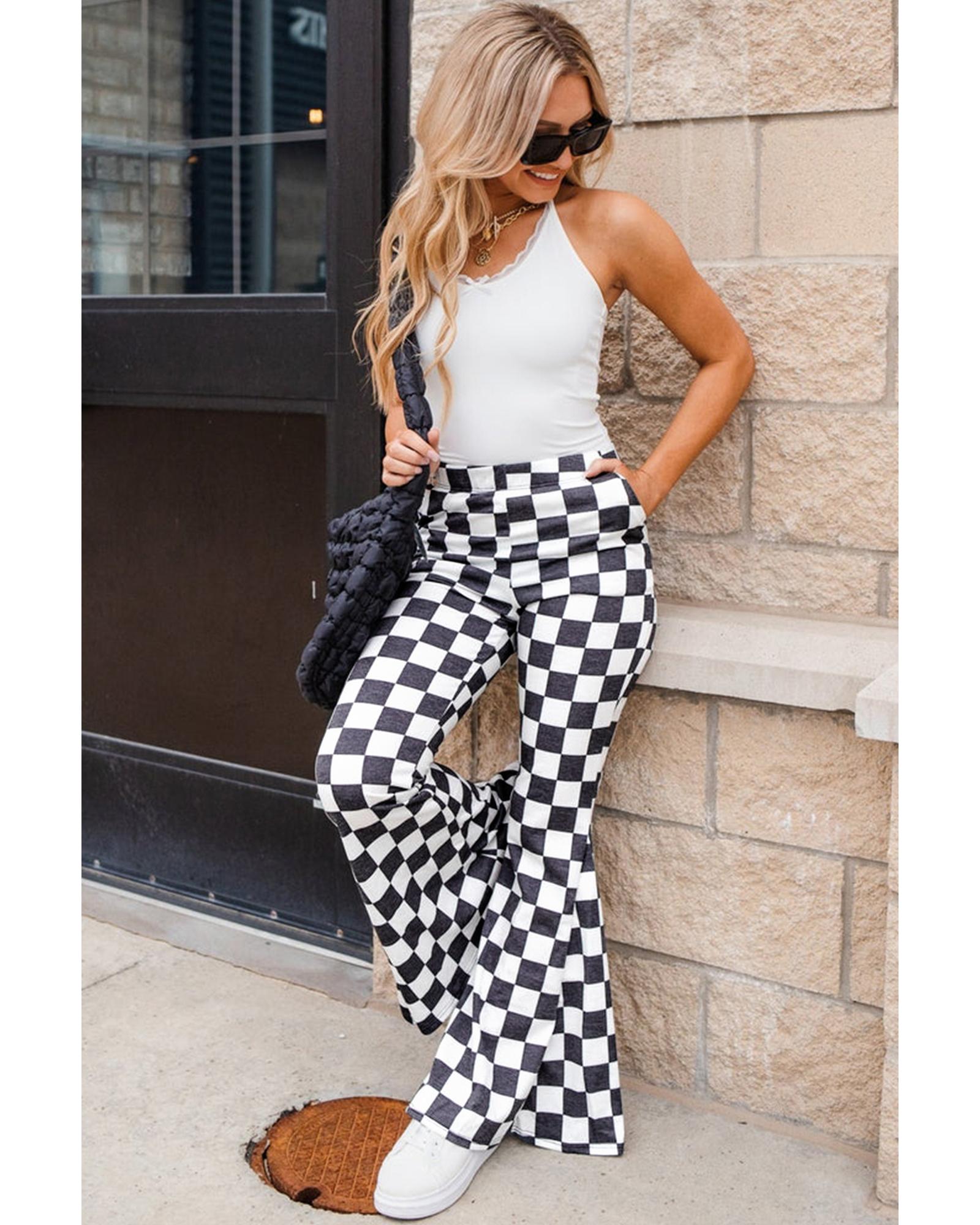 Black Checkerboard High Rise Casual Flared Pants - S 3