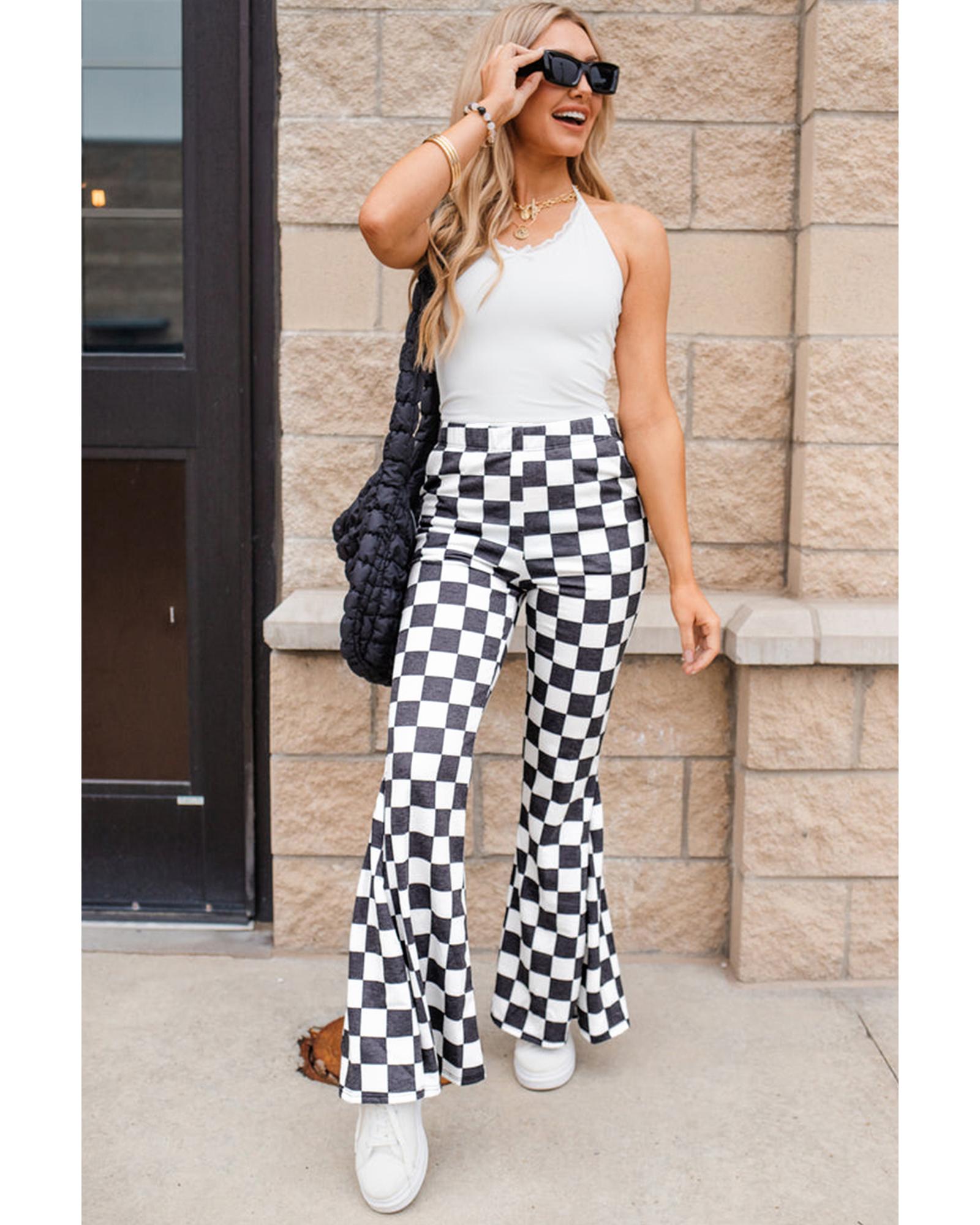 Black Checkerboard High Rise Casual Flared Pants - S 4