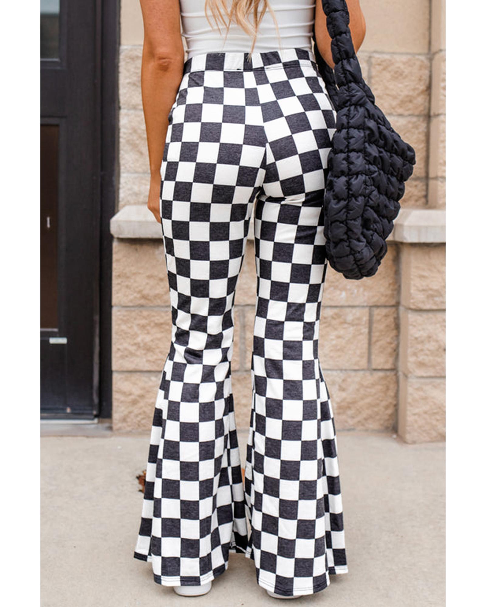 Black Checkerboard High Rise Casual Flared Pants - S 6