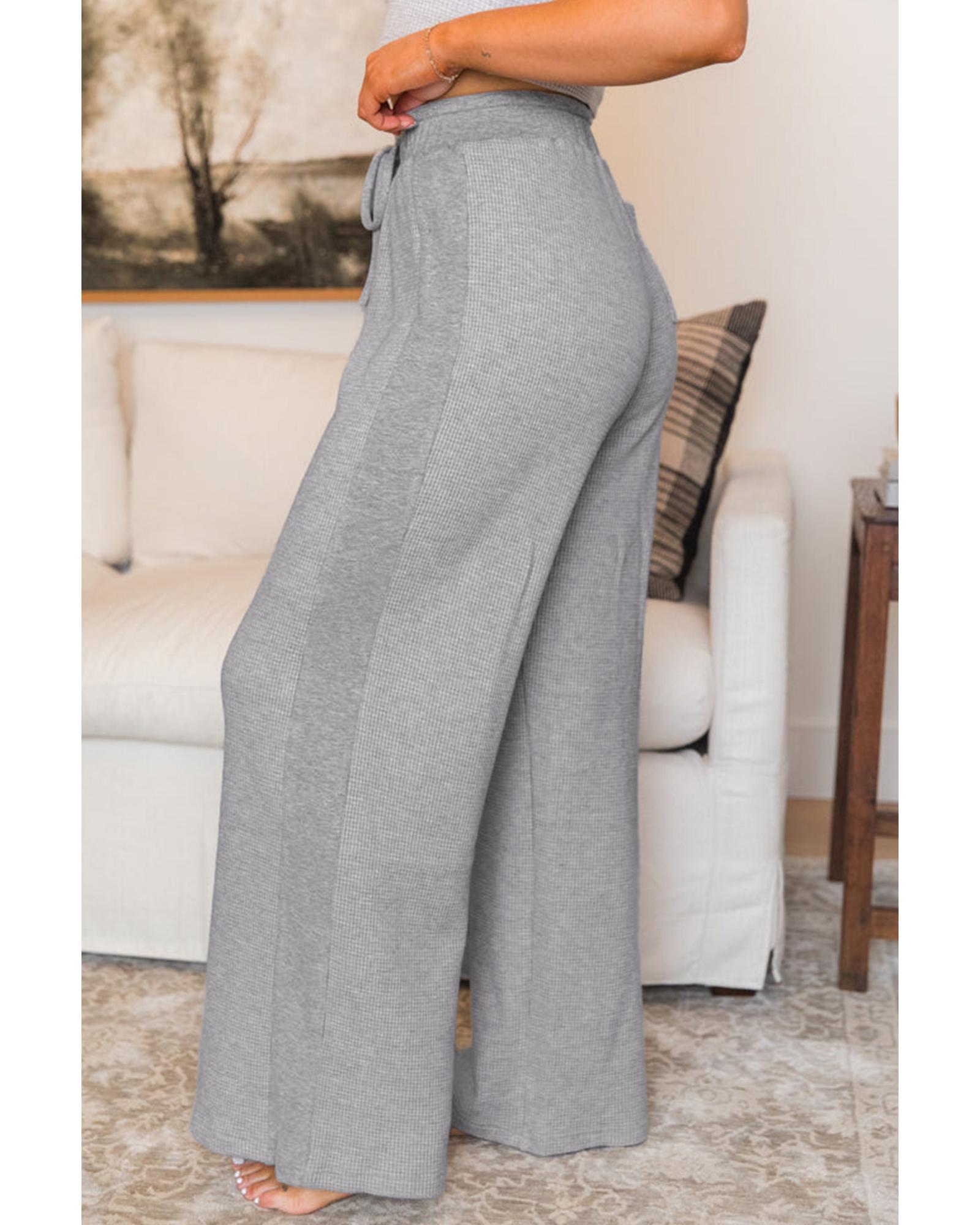 Gray Waffle Knit Drawstring High Waist Wide Leg Pants - L 5