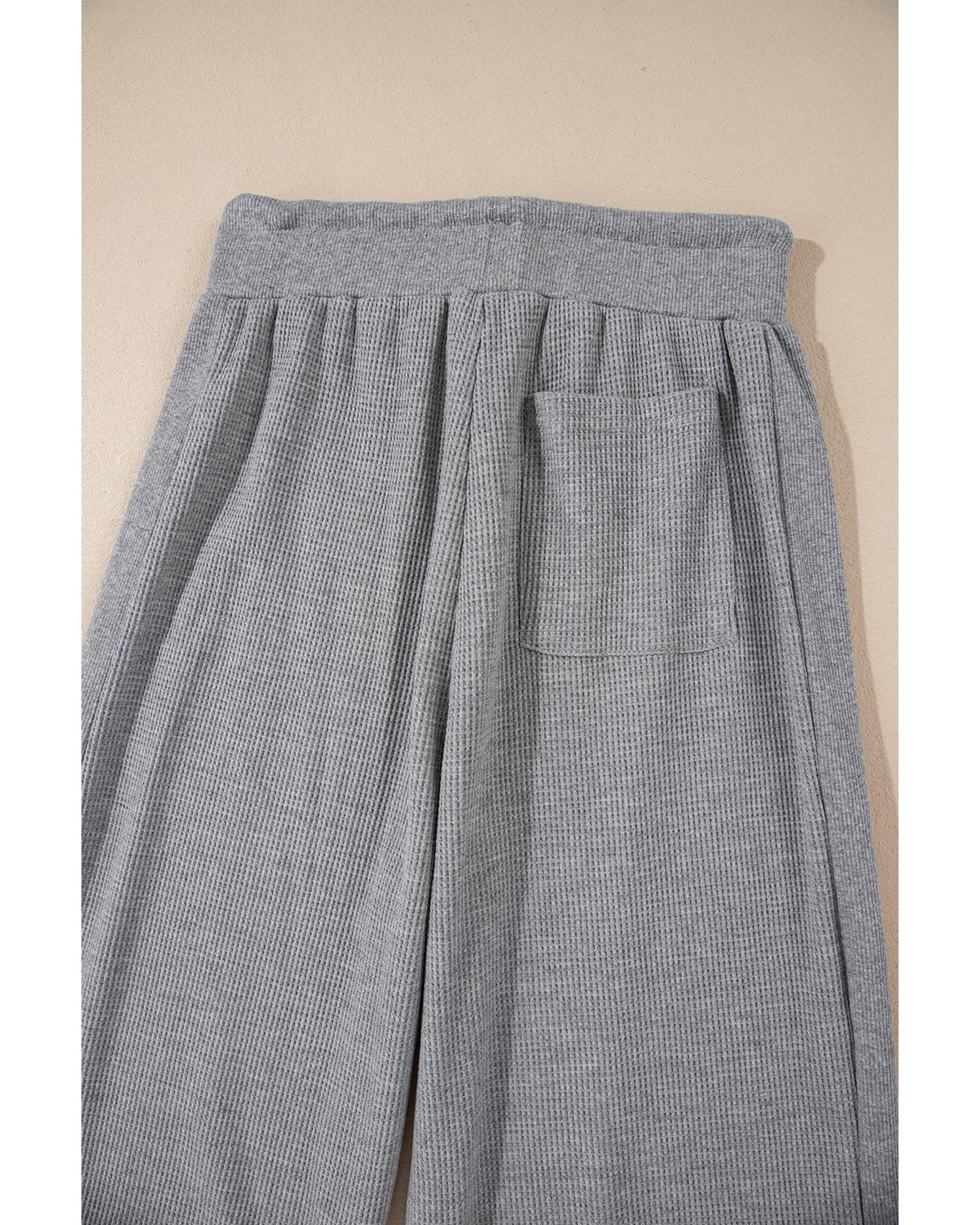 Gray Waffle Knit Drawstring High Waist Wide Leg Pants - L 7