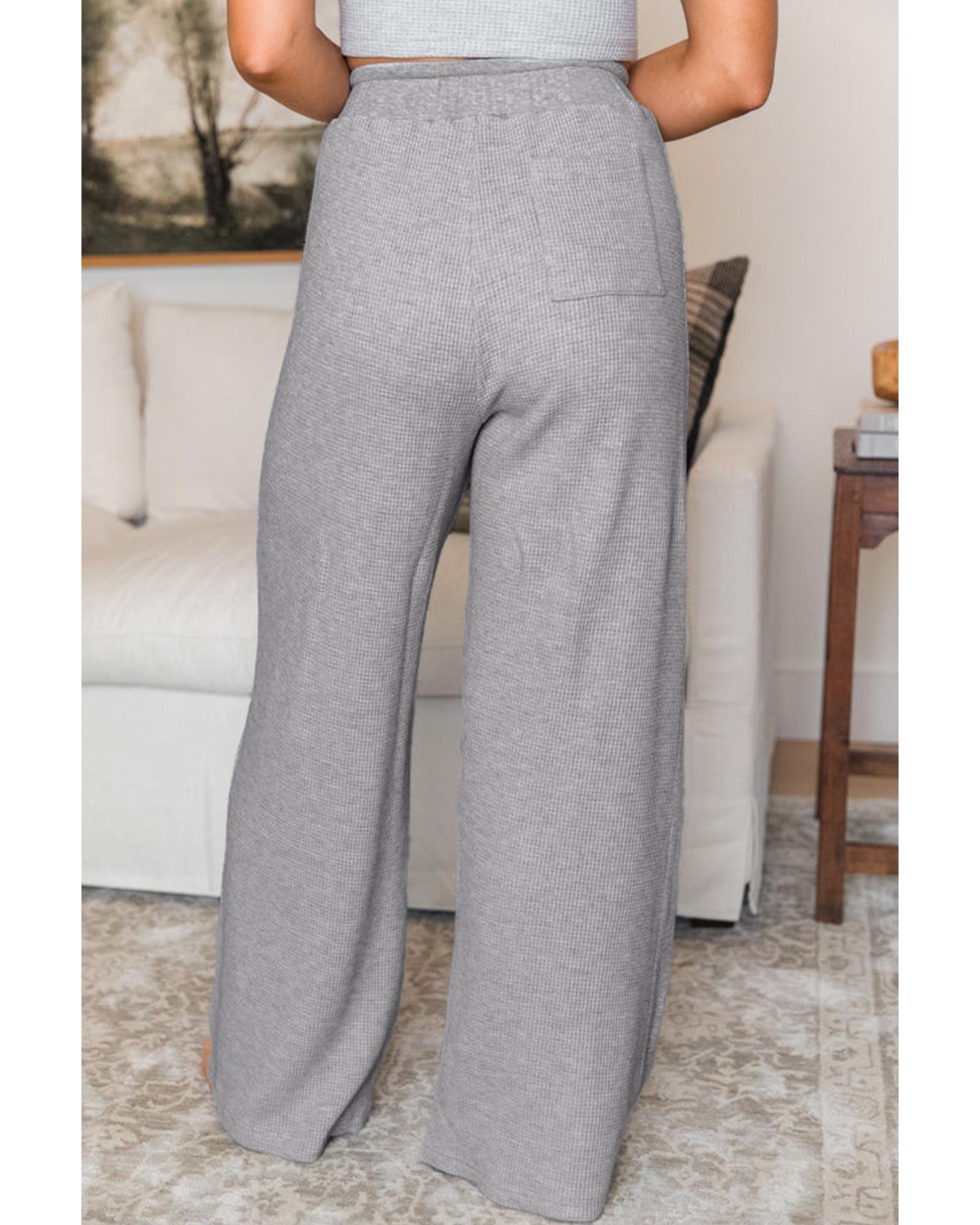 Gray Waffle Knit Drawstring High Waist Wide Leg Pants - M