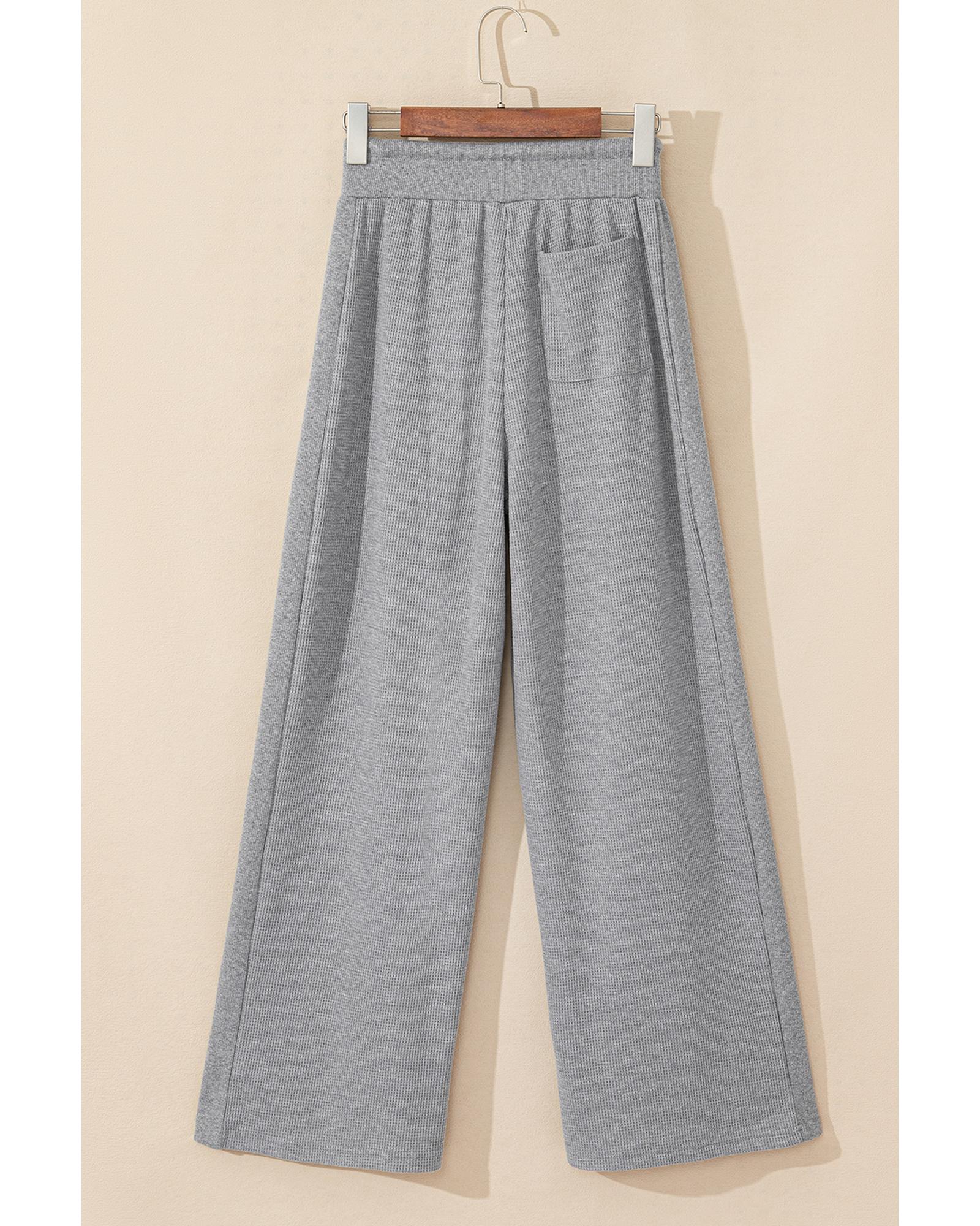 Gray Waffle Knit Drawstring High Waist Wide Leg Pants - XL 3