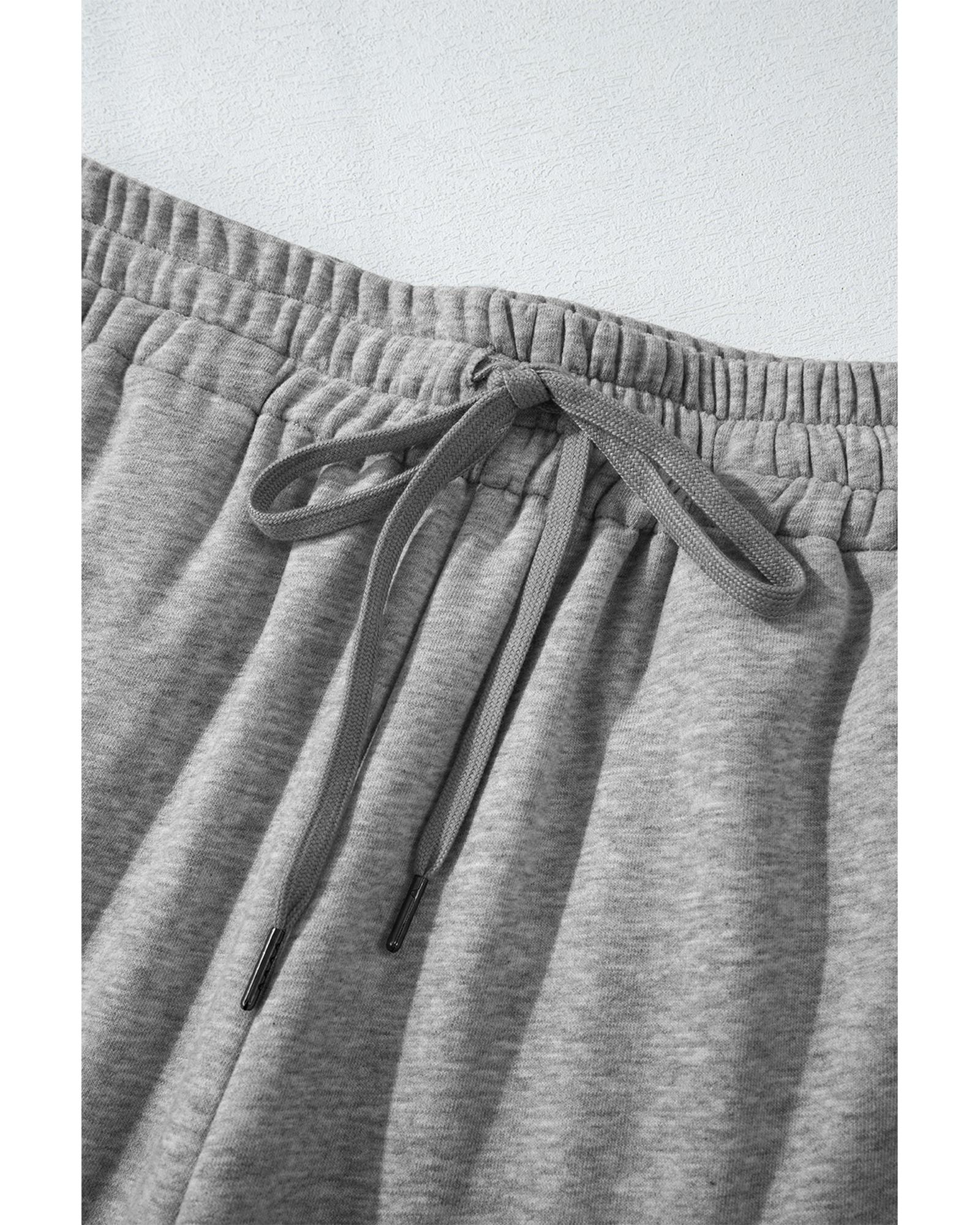 Light Grey Solid Color Fleece Lined Drawstring Waist Casual Pants - L 4