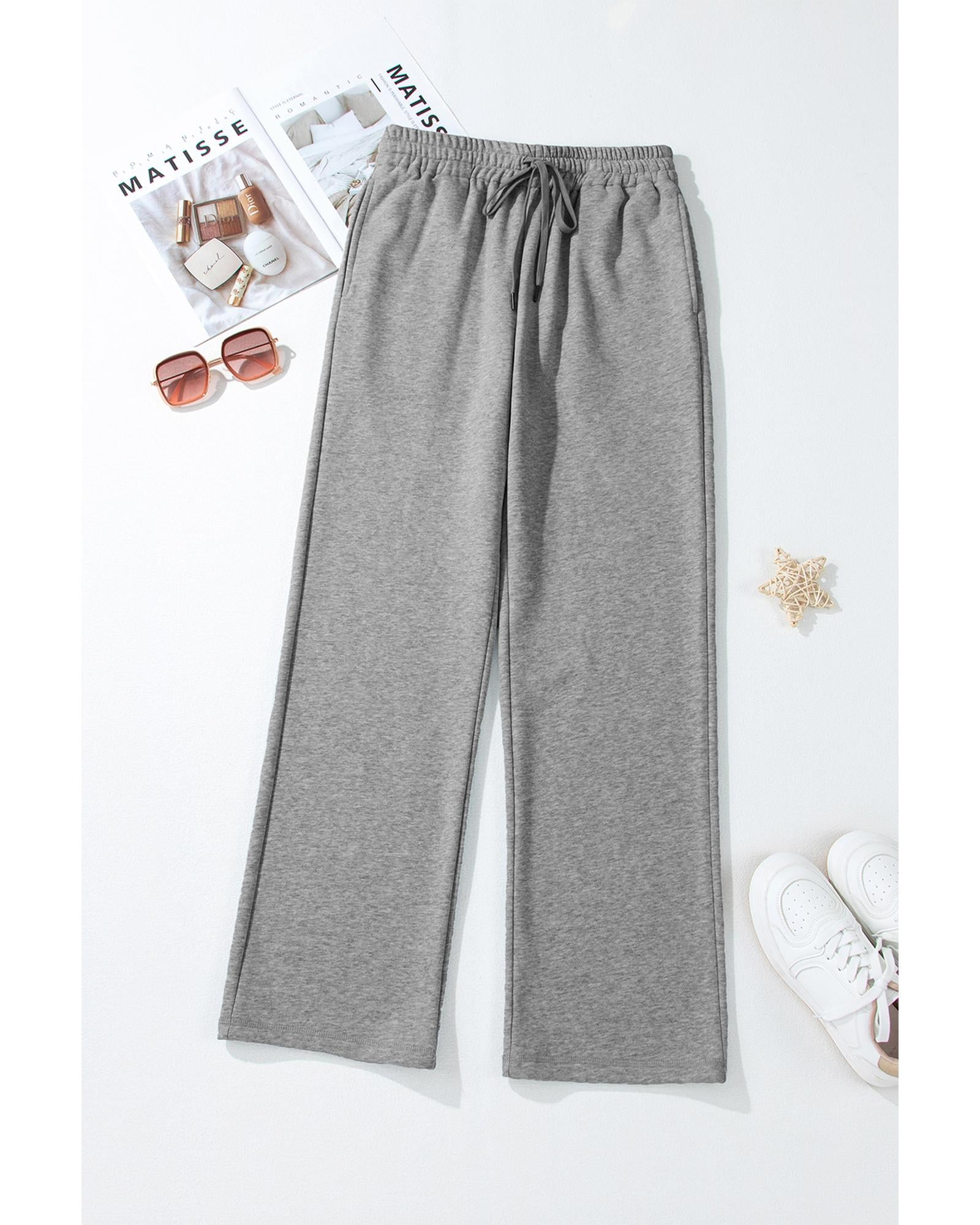 Light Grey Solid Color Fleece Lined Drawstring Waist Casual Pants - L 7