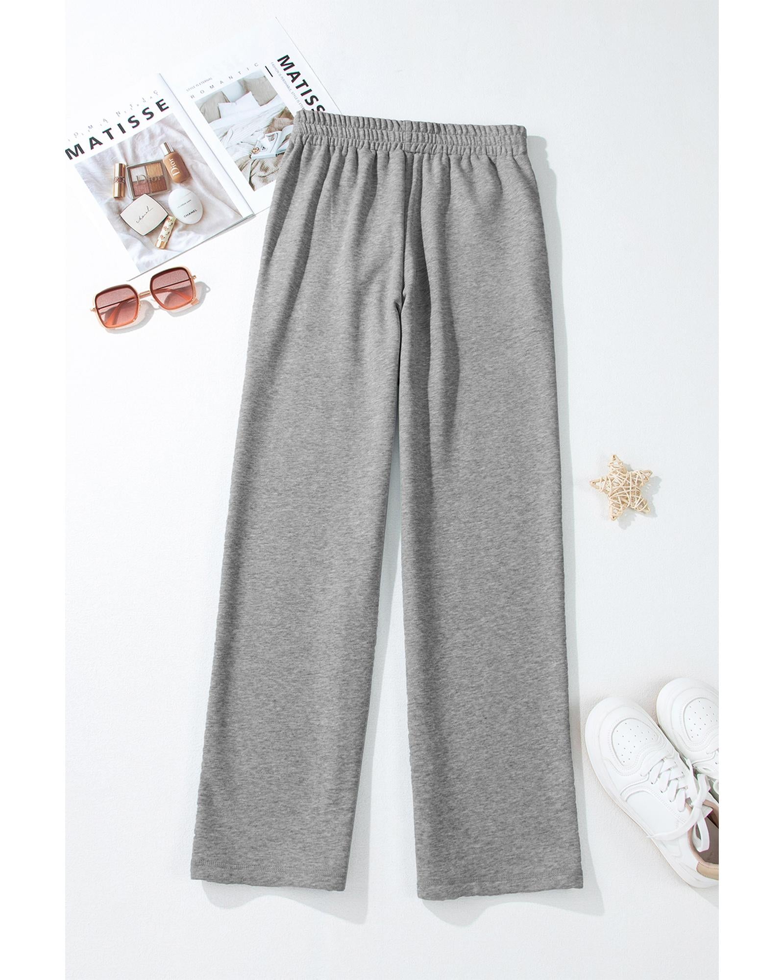 Light Grey Solid Color Fleece Lined Drawstring Waist Casual Pants - M 6