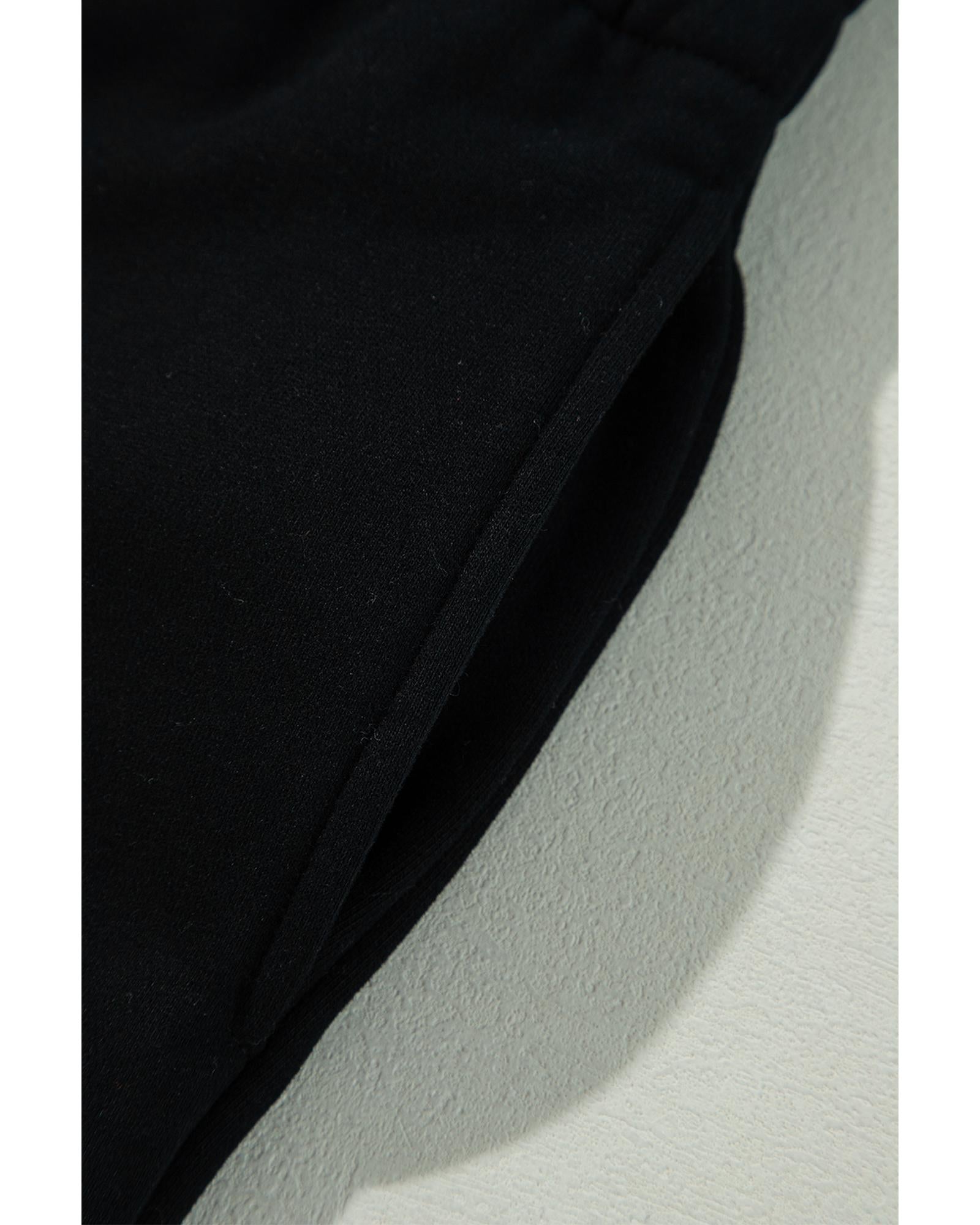 Black Solid Color Fleece Lined Drawstring Waist Casual Pants - M