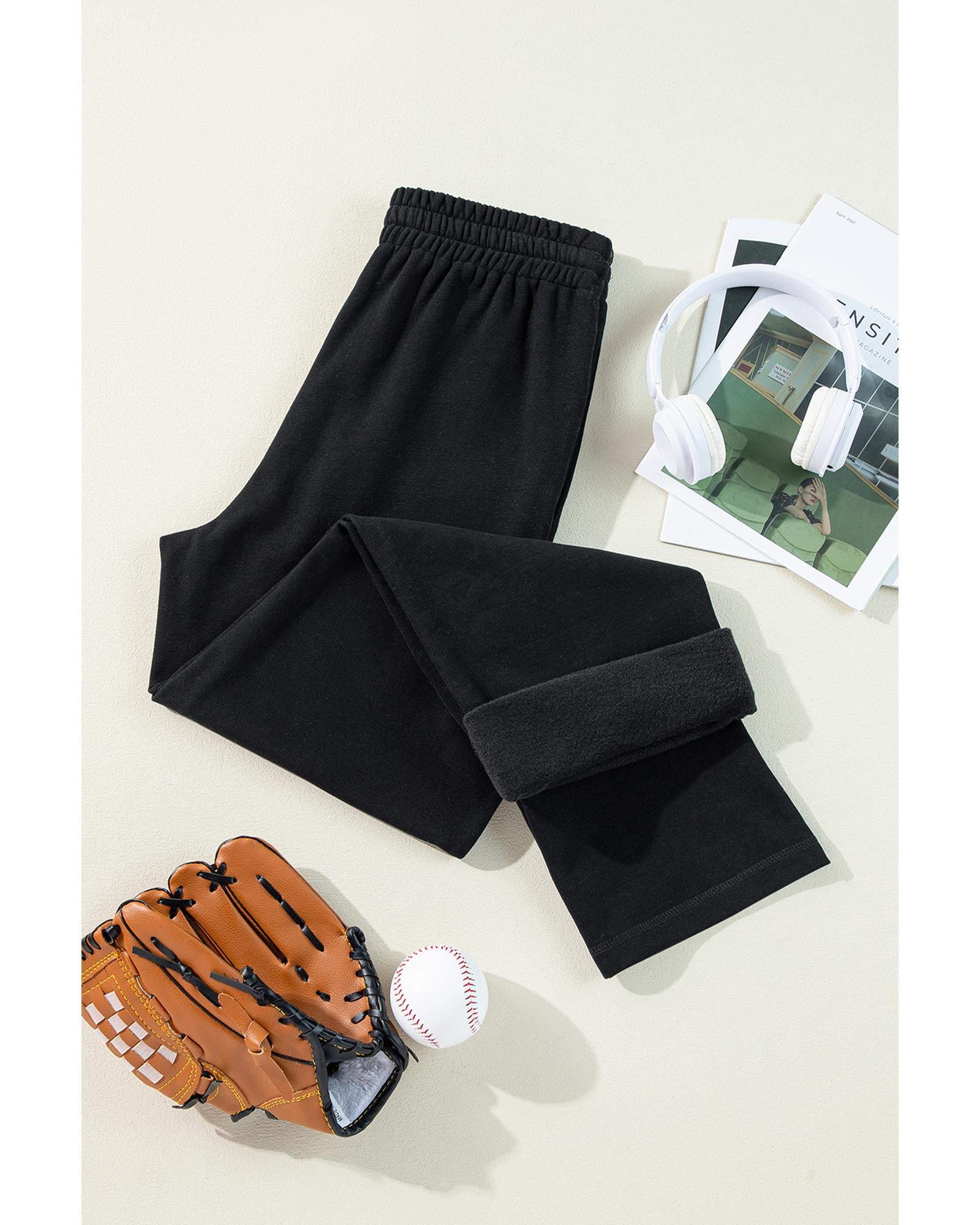 Black Solid Color Fleece Lined Drawstring Waist Casual Pants - M 6