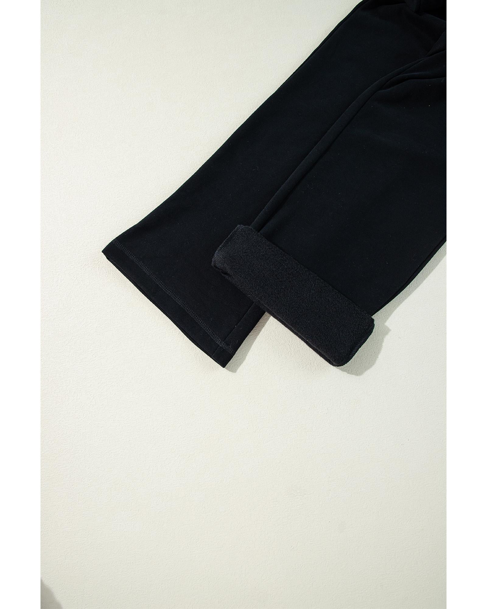 Black Solid Color Fleece Lined Drawstring Waist Casual Pants - M 8