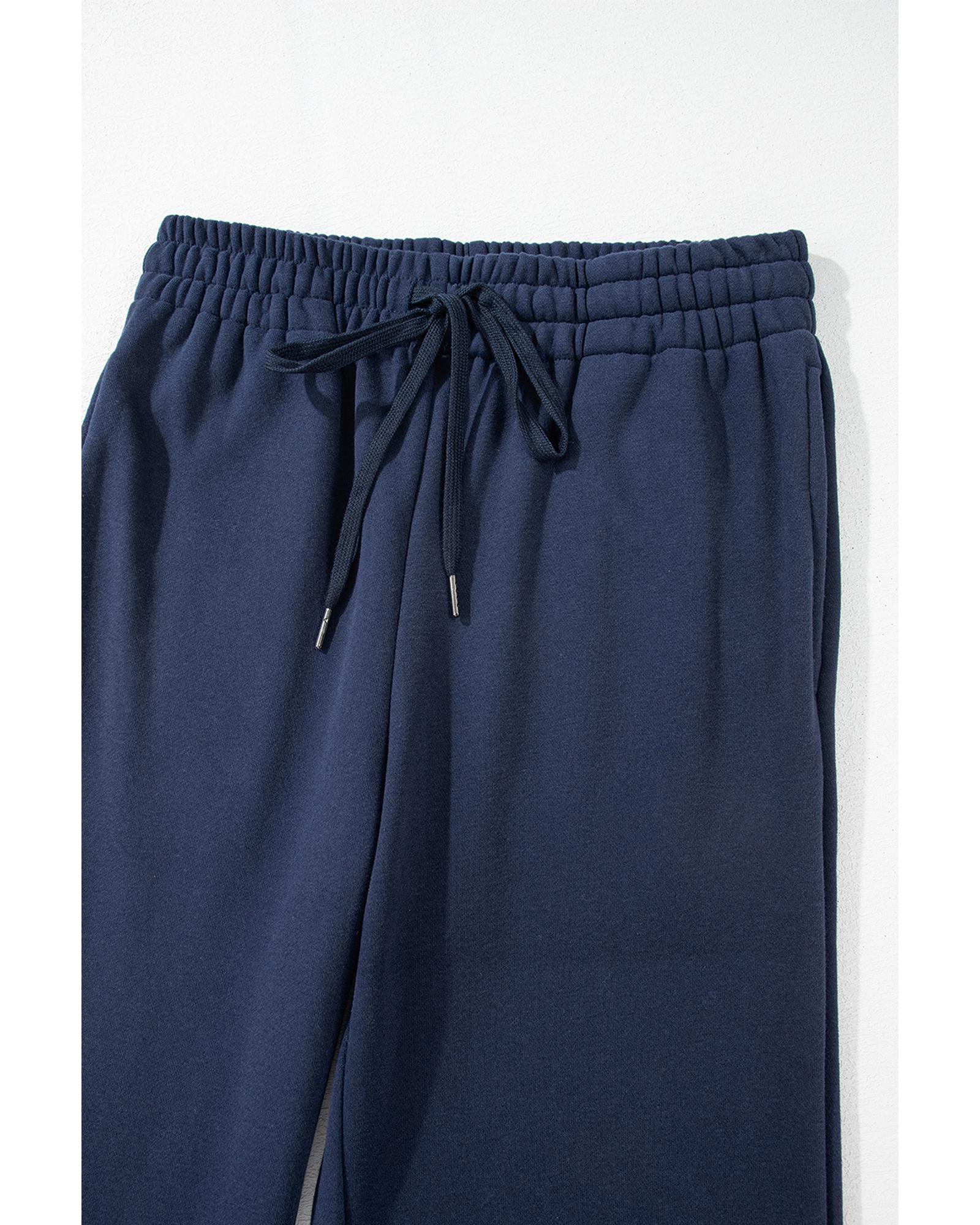Navy Blue Solid Color Fleece Lined Drawstring Waist Casual Pants - M 3