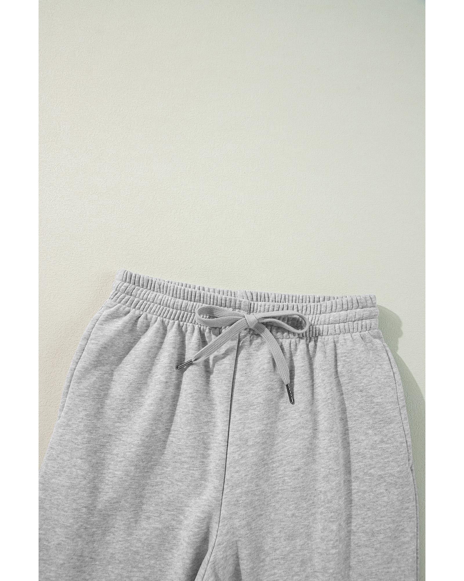 Light Grey Solid Color Fleece Lined Drawstring Waist Joggers - L 3