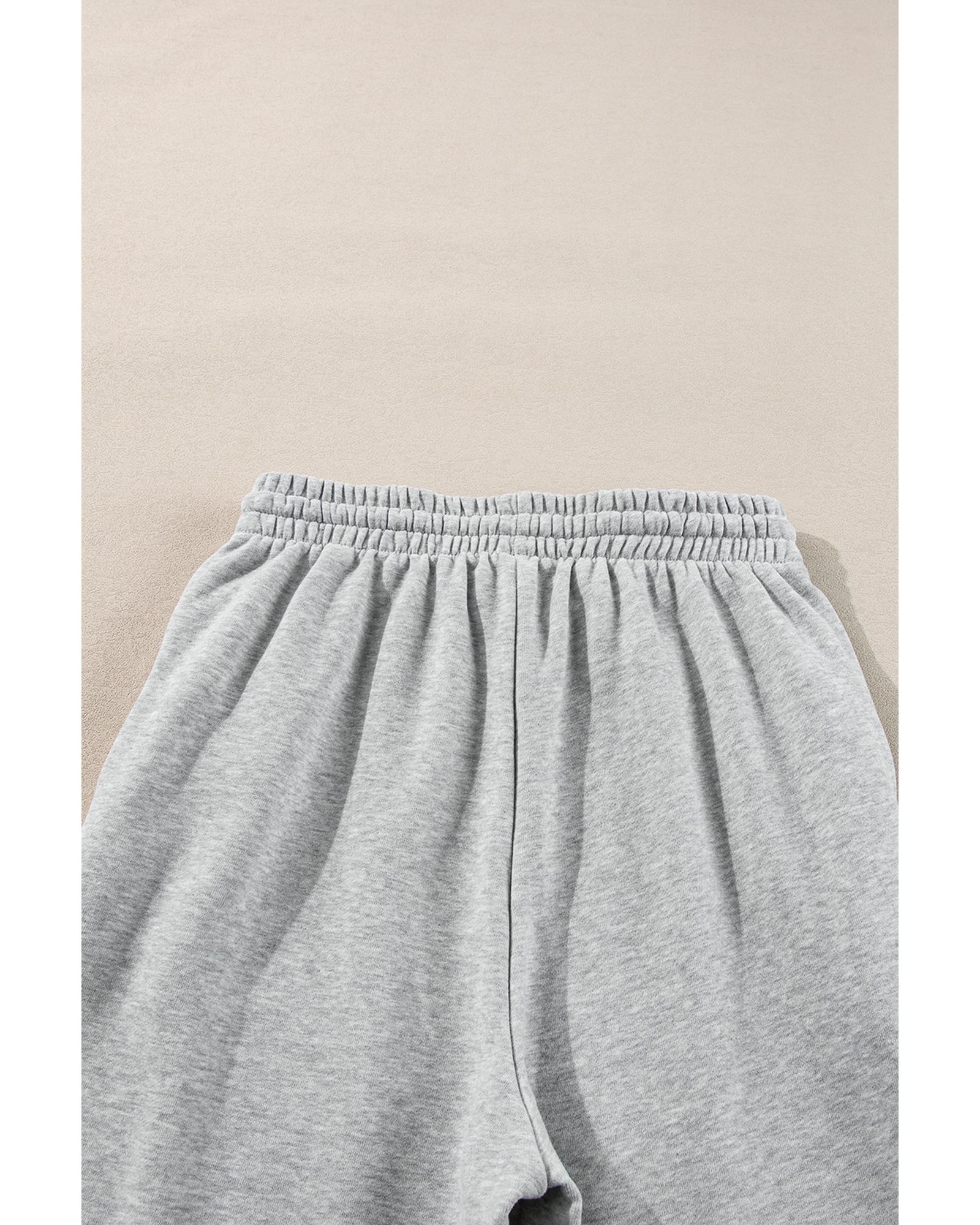 Light Grey Solid Color Fleece Lined Drawstring Waist Joggers - L 5