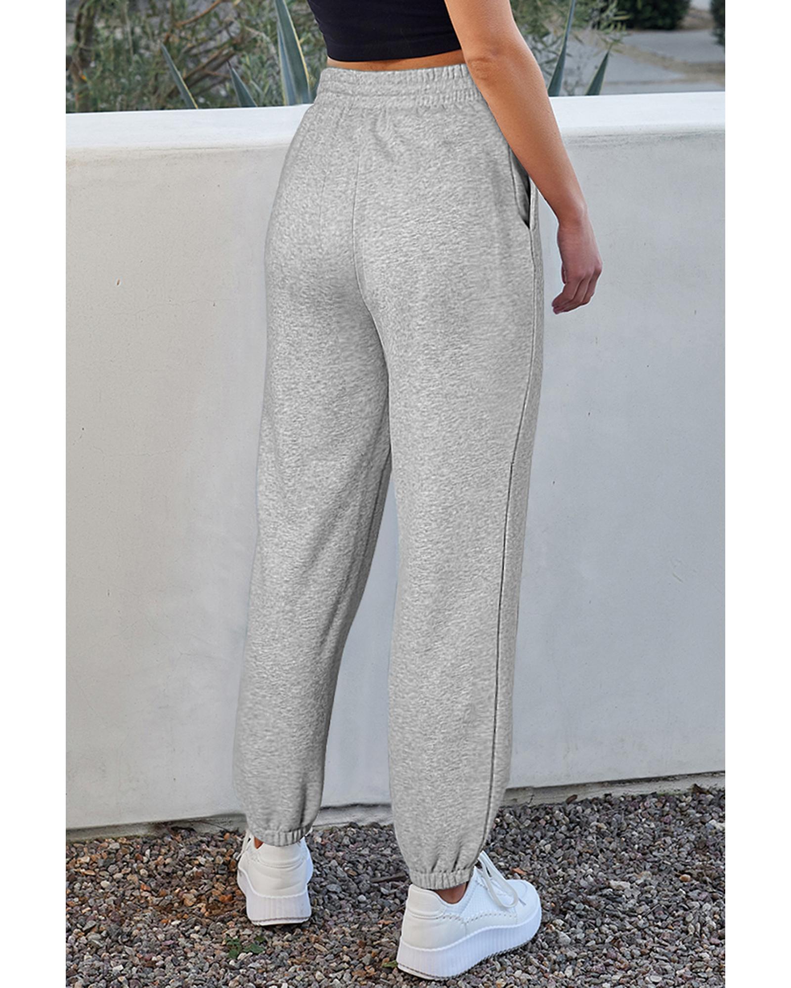 Light Grey Solid Color Fleece Lined Drawstring Waist Joggers - L 6