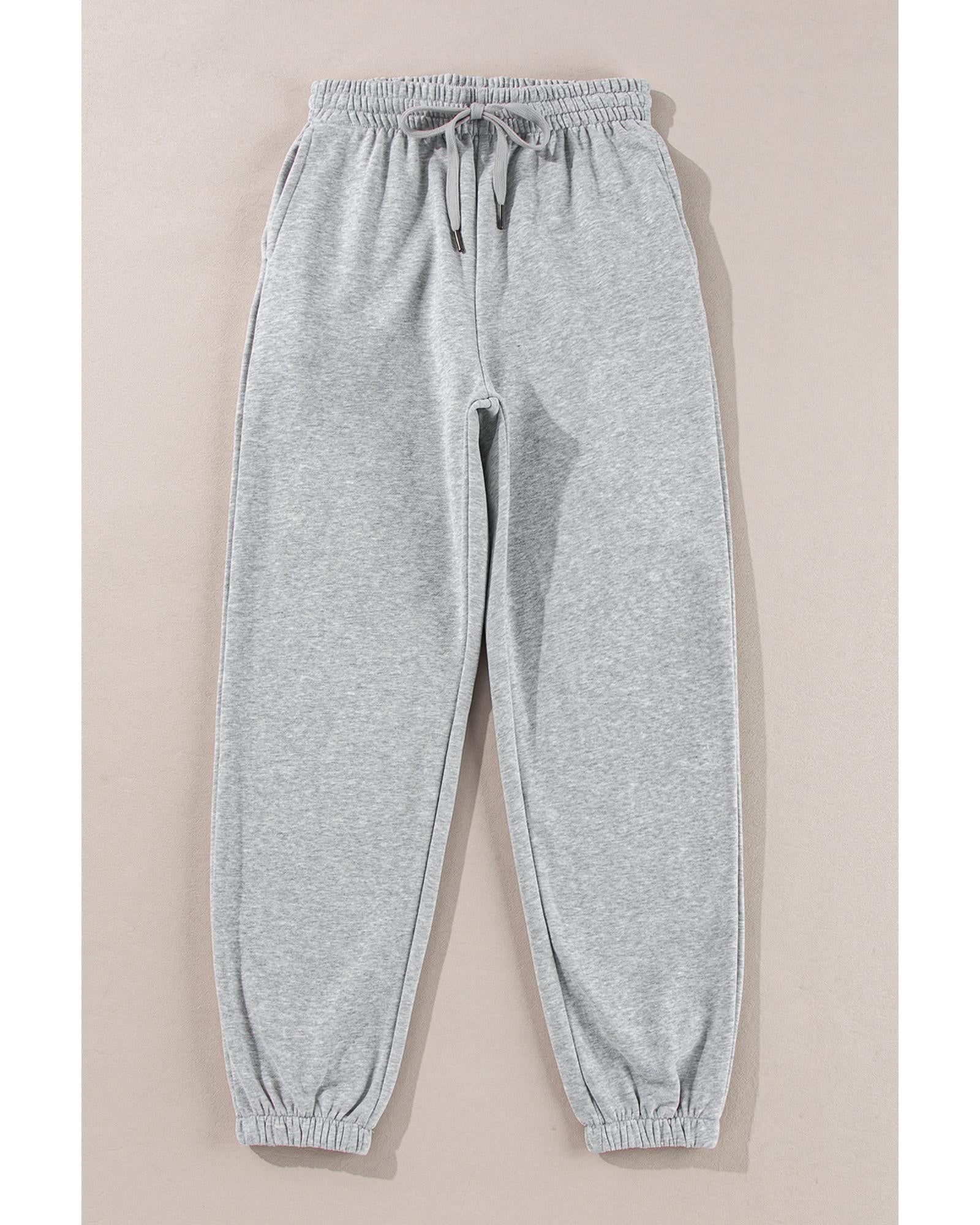 Light Grey Solid Color Fleece Lined Drawstring Waist Joggers - L 8