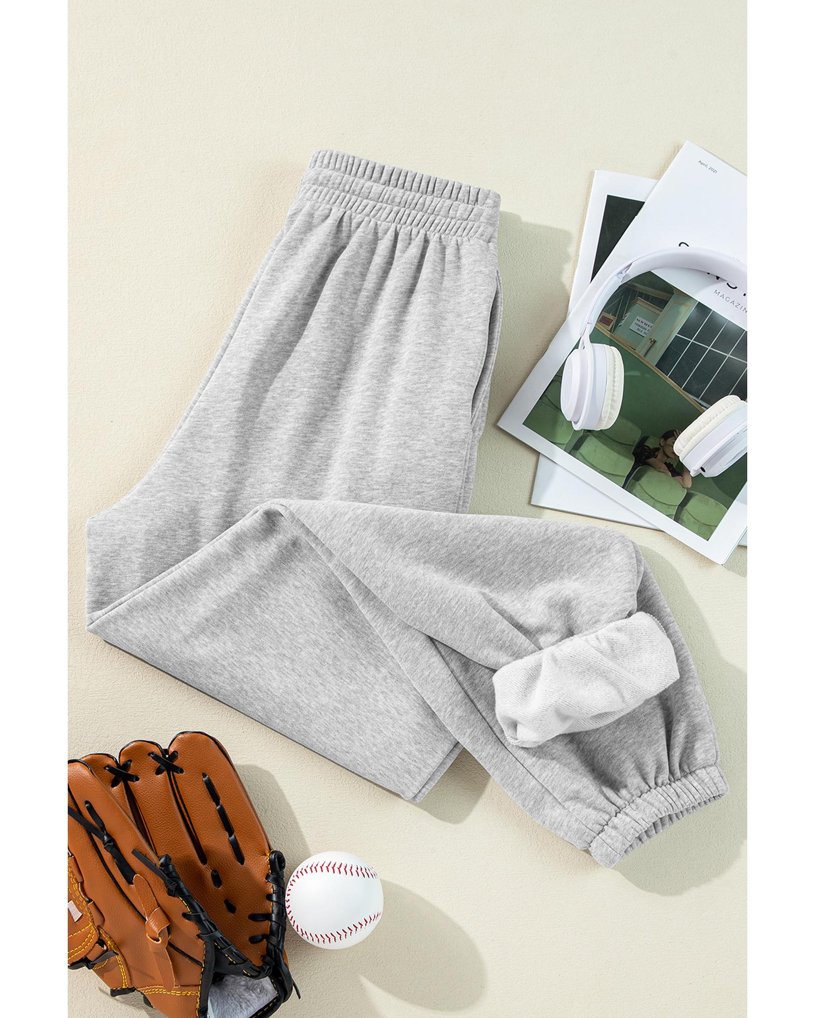 Light Grey Solid Color Fleece Lined Drawstring Waist Joggers - M 7