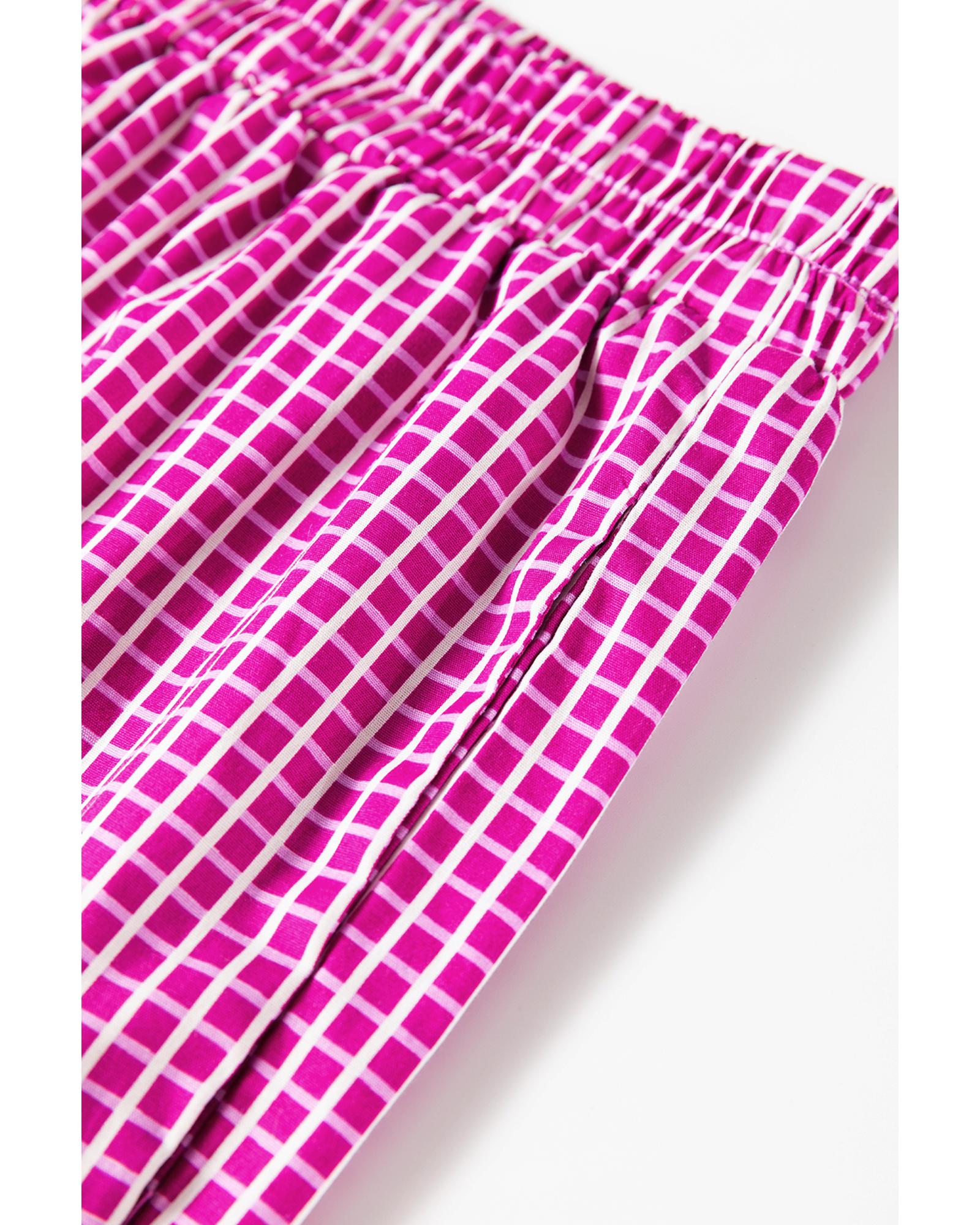 Pink Plaid Print Drawstring High Waist Wide Leg Casual Pants - M