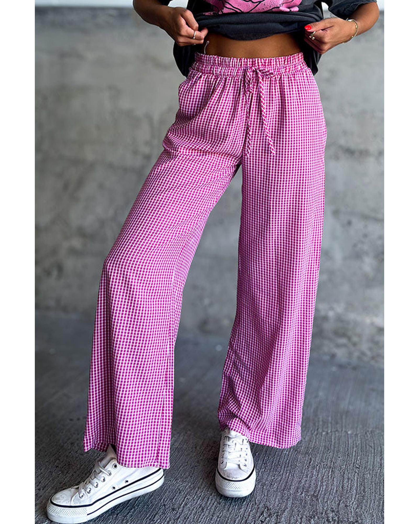 Pink Plaid Print Drawstring High Waist Wide Leg Casual Pants - S