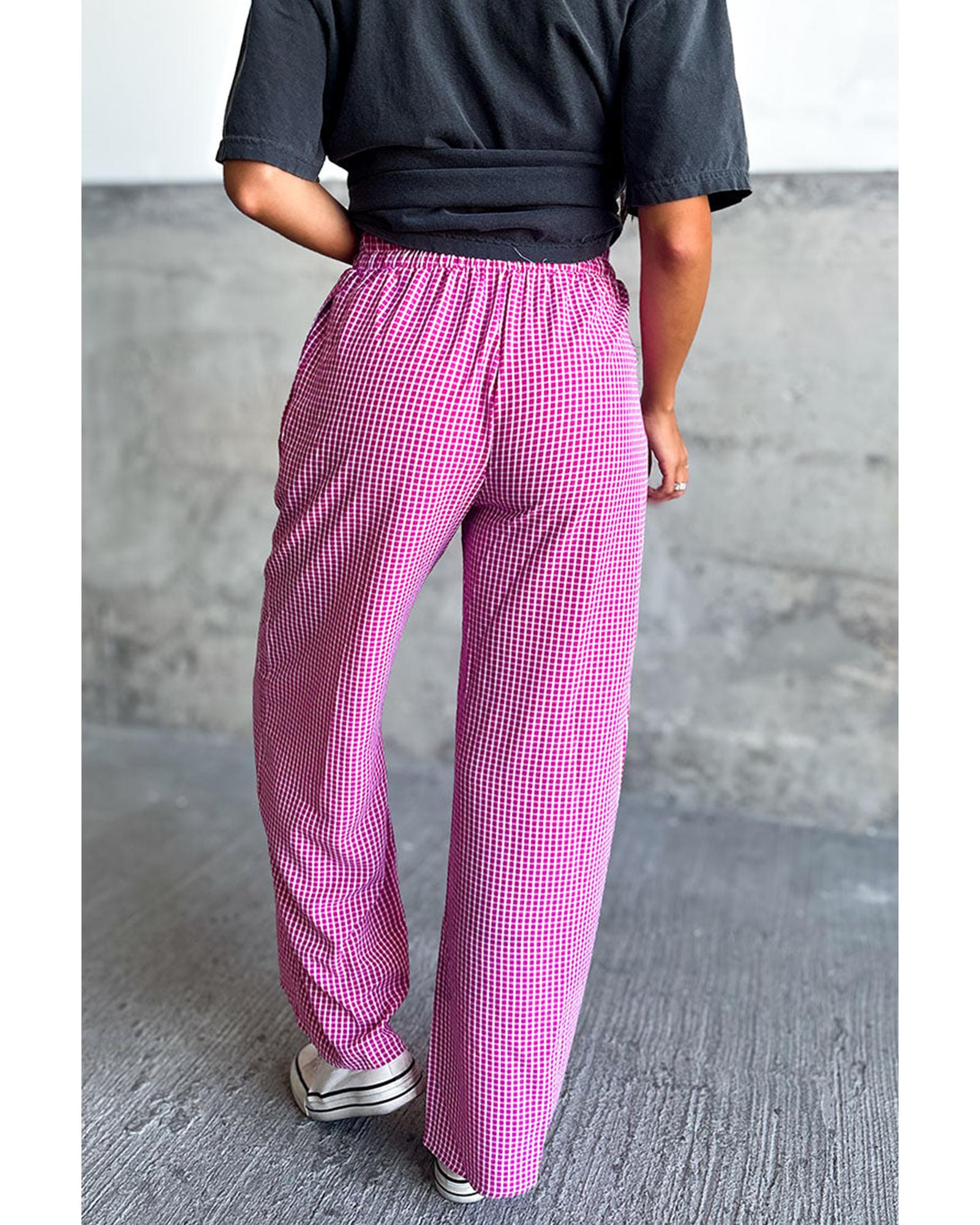 Pink Plaid Print Drawstring High Waist Wide Leg Casual Pants - XL 4