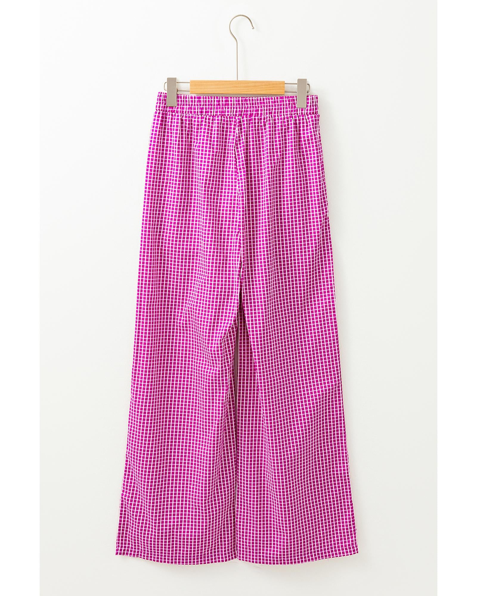 Pink Plaid Print Drawstring High Waist Wide Leg Casual Pants - XL 7