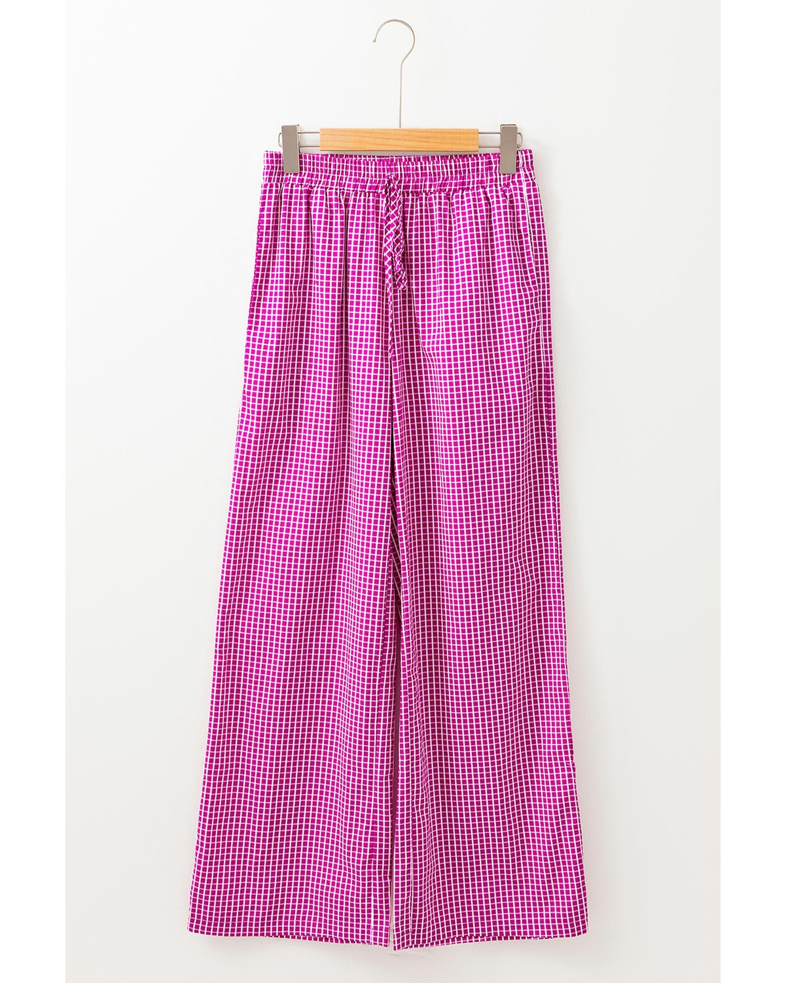 Pink Plaid Print Drawstring High Waist Wide Leg Casual Pants - XL 8