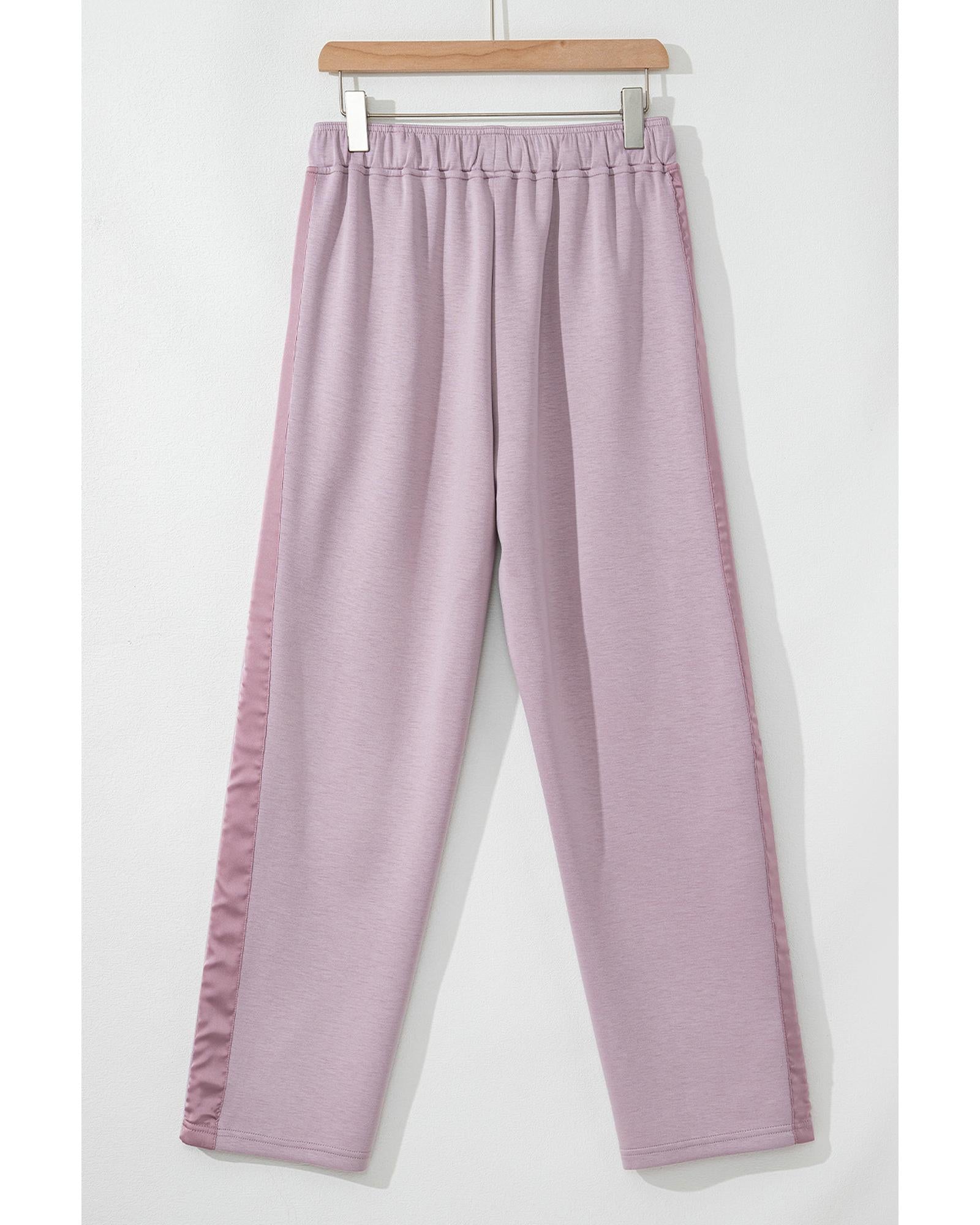 Orchid Petal Drawstring Waist Satin Stripe Patch Straight Leg High Waist Pants - L 6