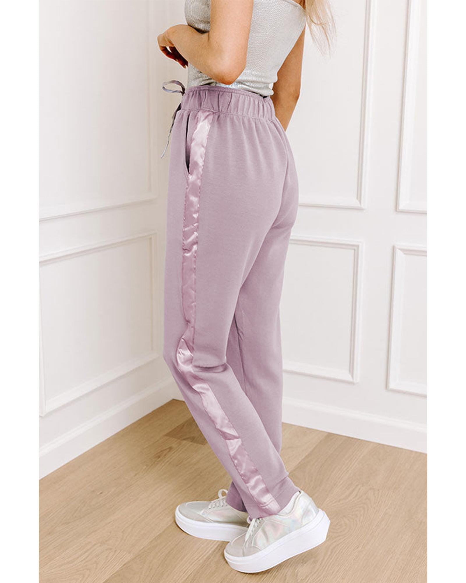 Orchid Petal Drawstring Waist Satin Stripe Patch Straight Leg High Waist Pants - L 7