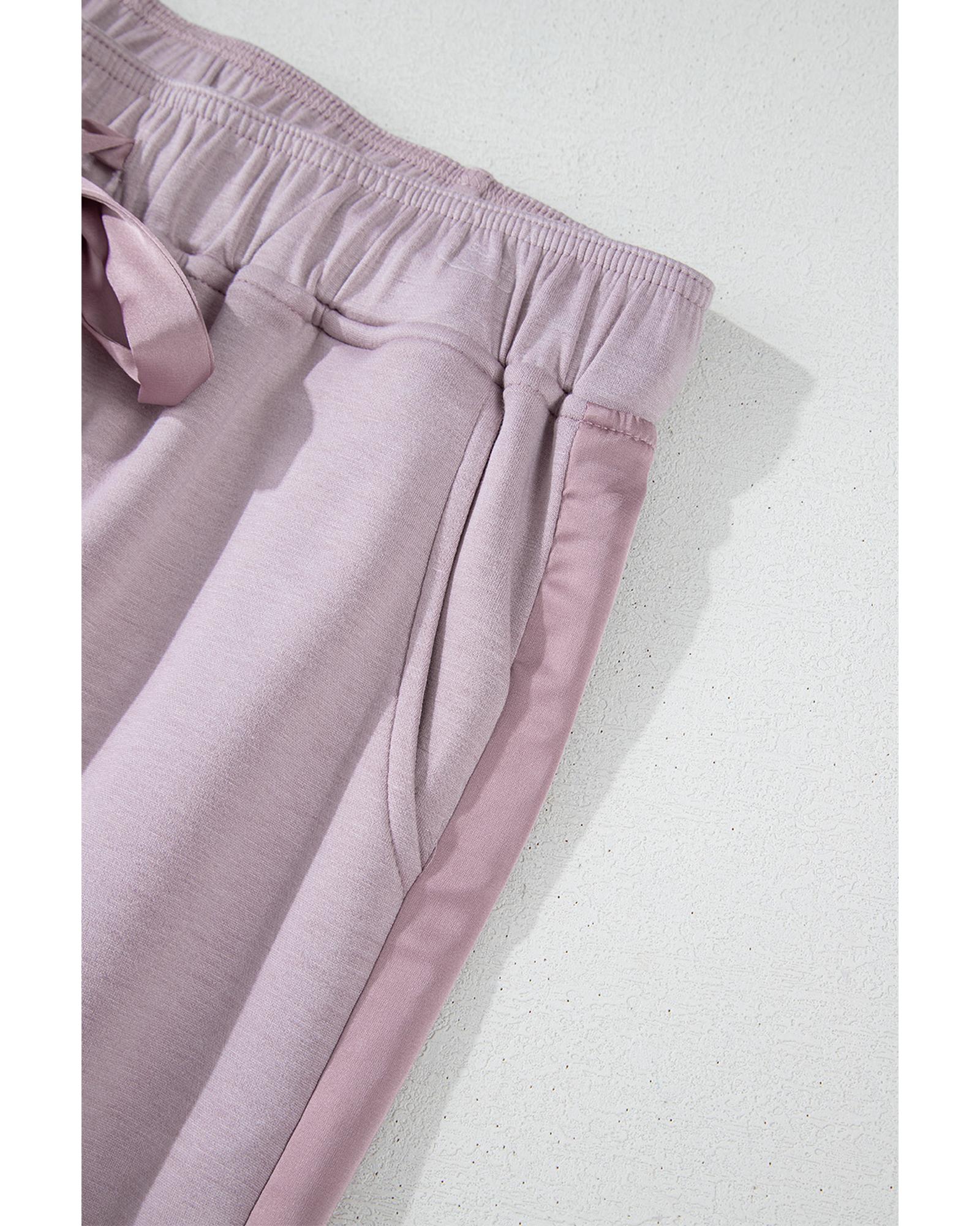 Orchid Petal Drawstring Waist Satin Stripe Patch Straight Leg High Waist Pants - M