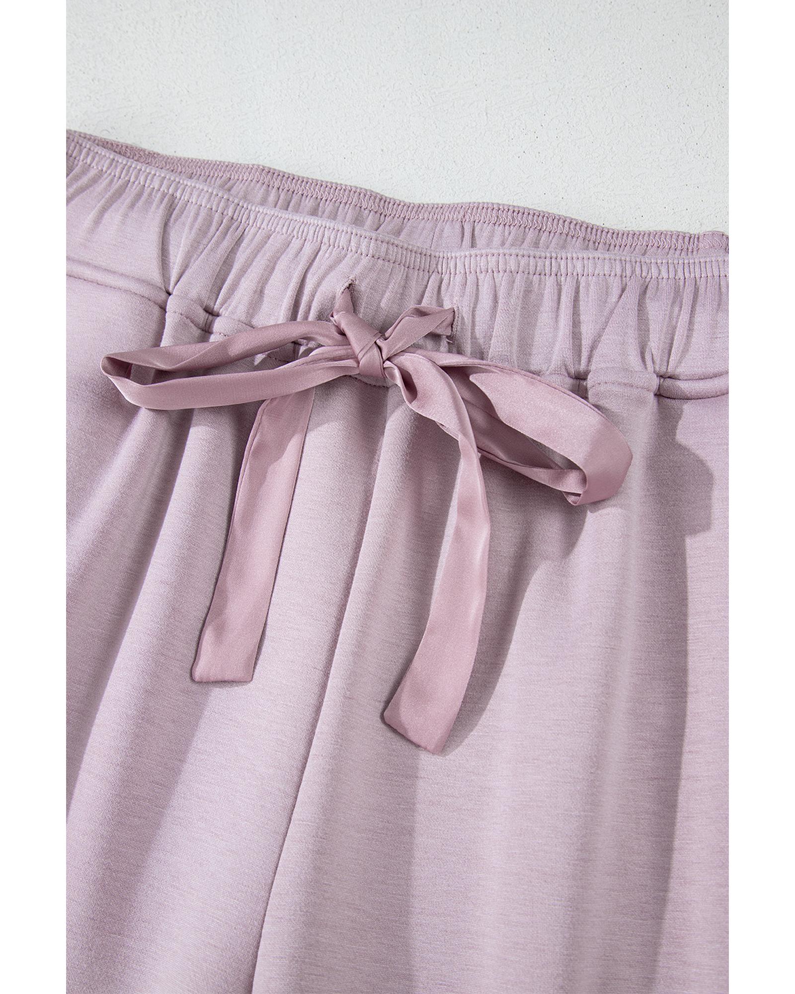 Orchid Petal Drawstring Waist Satin Stripe Patch Straight Leg High Waist Pants - M 5